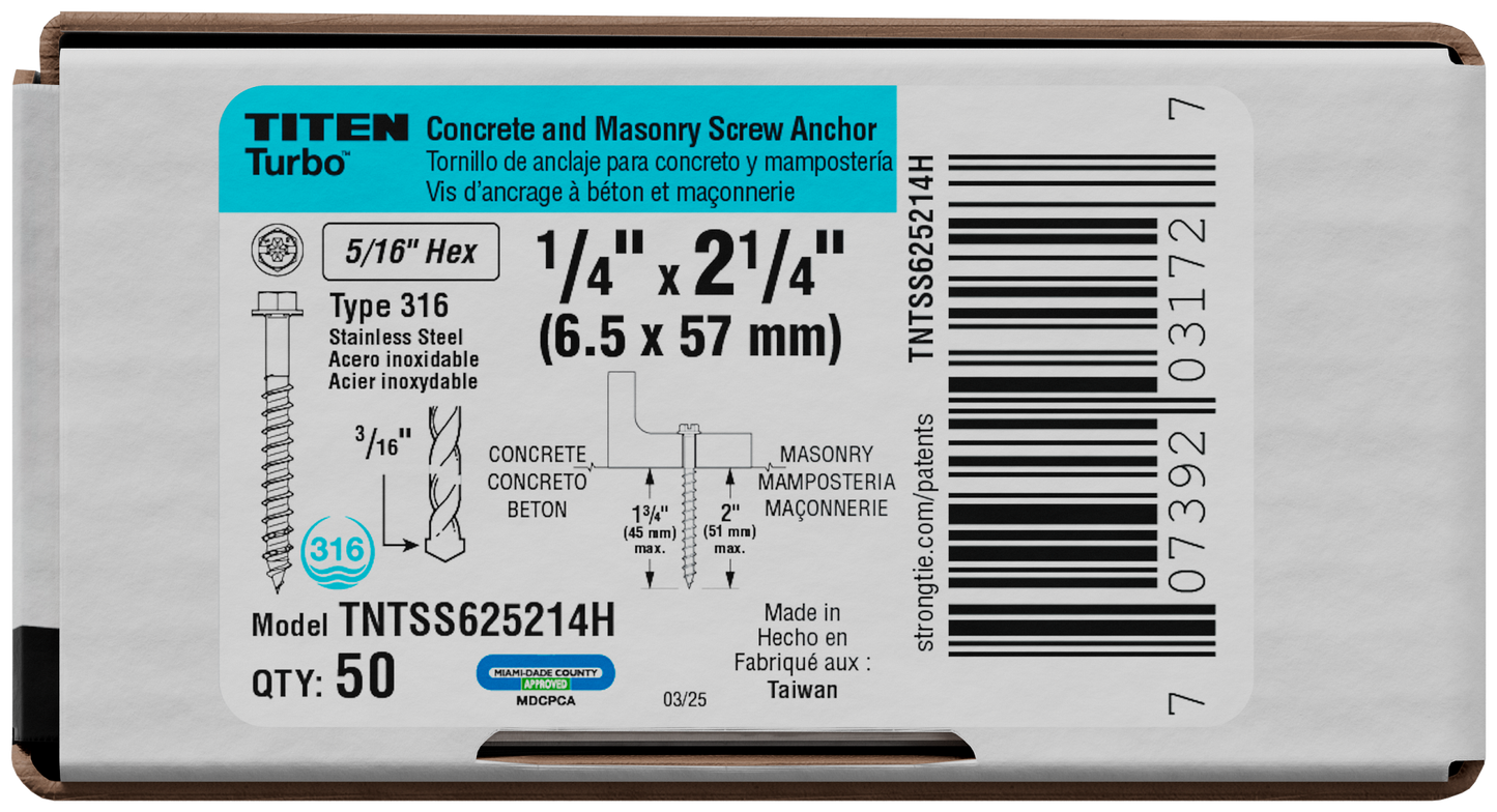 Simpson Strong-Tie TNTSS625214H Titen Turbo™ — 1/4 in. x 2-1/4 in. Type 316 Stainless-Steel Hex-Head Concrete and Masonry Screw (50-Qty)