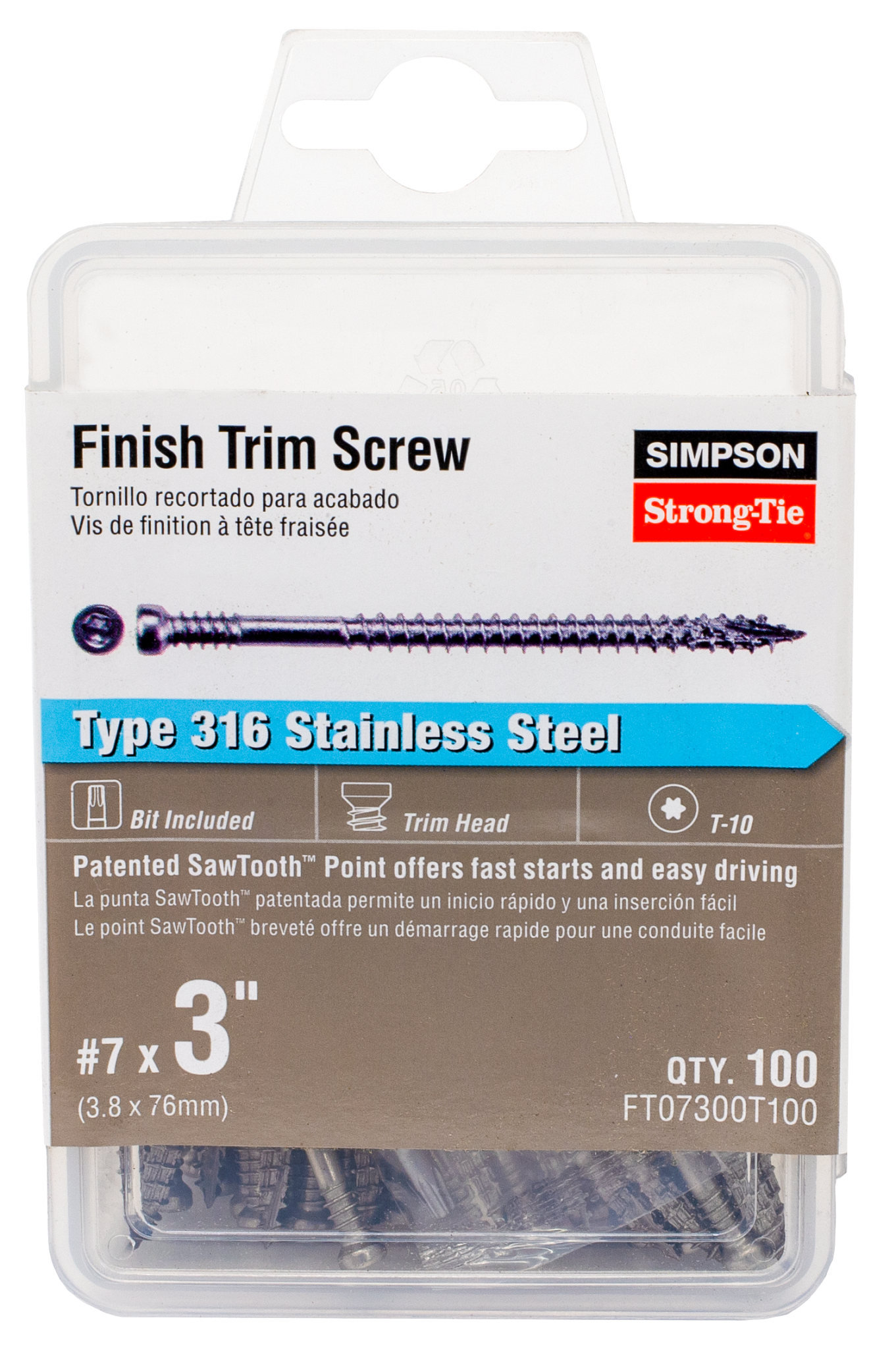 Simpson Strong-Tie FT07300T100 Finish Trim Screw — #7 x 3 in. T10, Trim-Head, Type 316 (100-Qty)