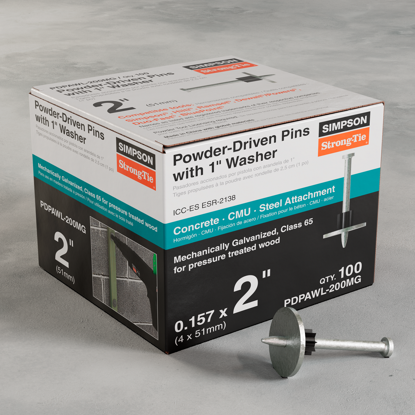 Simpson Strong-Tie PDPAWL-200MG PDPAWL .157 in. x 2 in. Mechanically Galvanized Powder-Actuated Pin w/ 1 in. Washer (100-Qty)
