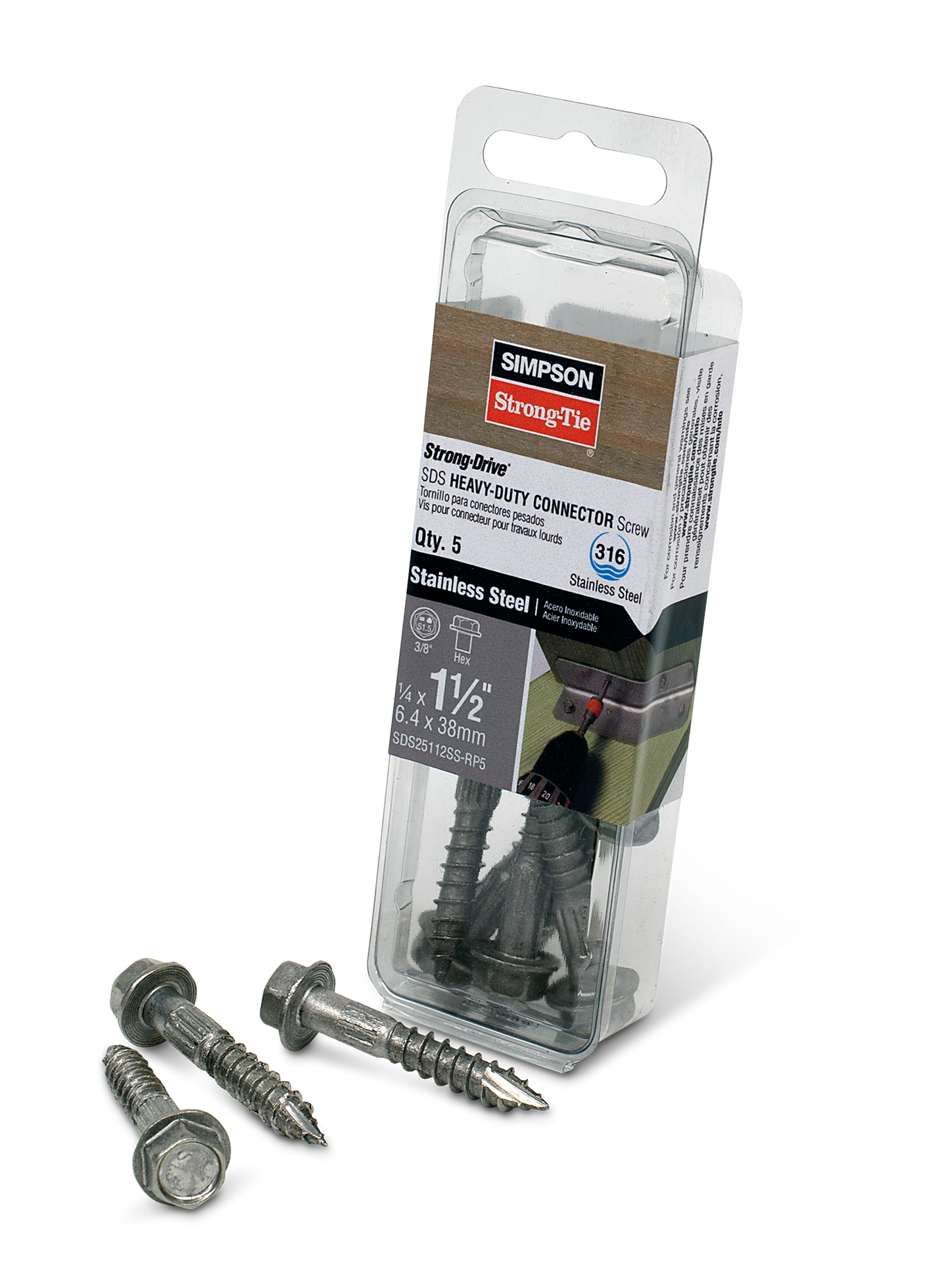 Simpson Strong-Tie SDS25112SS-RP5 Strong-Drive® SDS HEAVY-DUTY CONNECTOR Screw — 1/4 in. x 1-1/2 in. Type 316 (5-Qty)