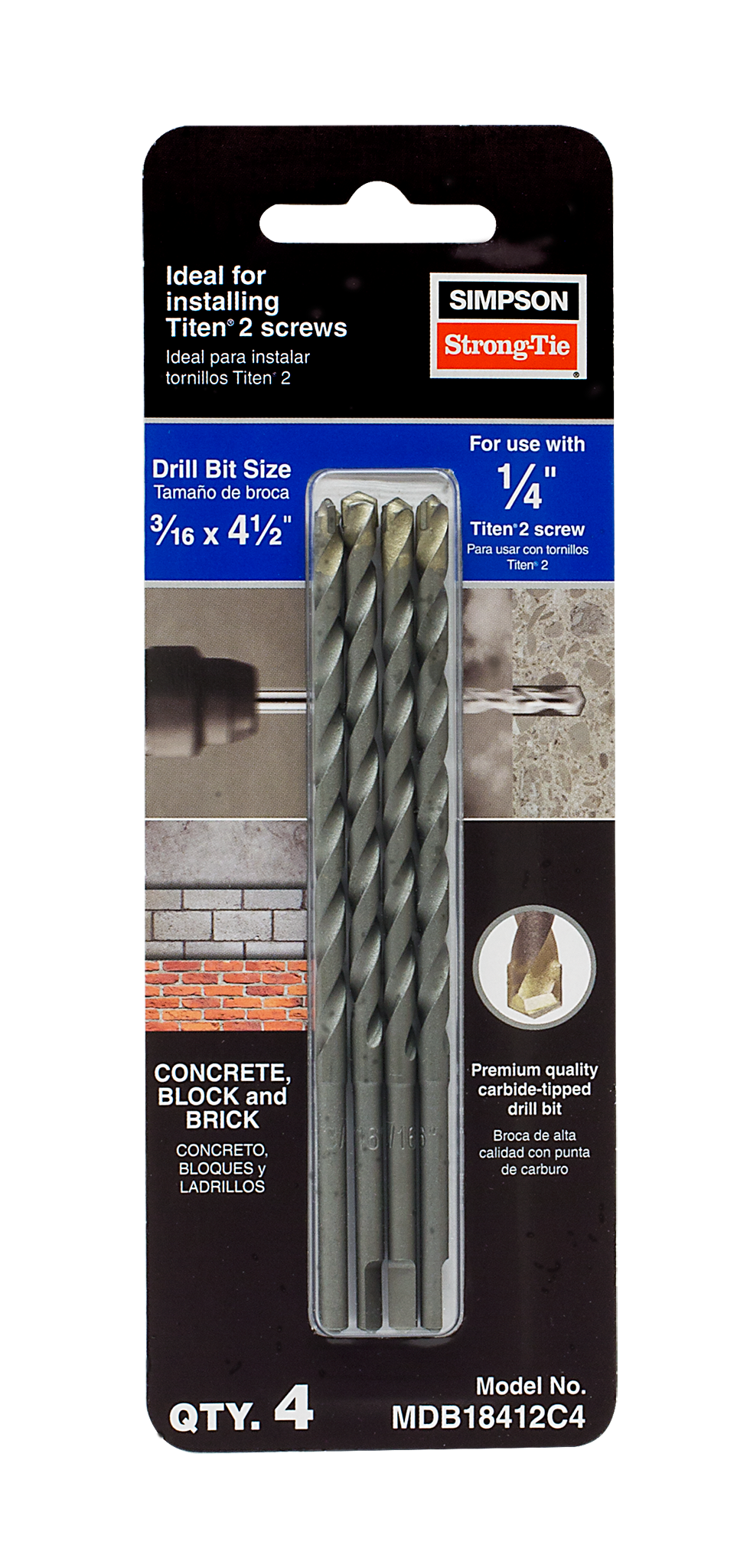 Simpson Strong-Tie MDB18412C4 Titen Turbo™ 3/16 in. x 4-1/2 in. Screw-Anchor Drill Bit (4-Qty)