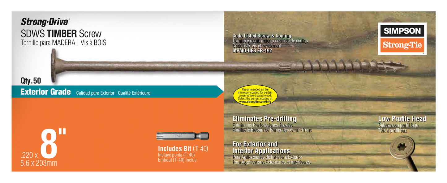 Simpson Strong-Tie SDWS22800DB-R50 Strong-Drive® SDWS™ TIMBER Screw (Exterior Grade) — 0.220 in. x 8 in. T40, Tan (50-Qty) (Pack of 240)