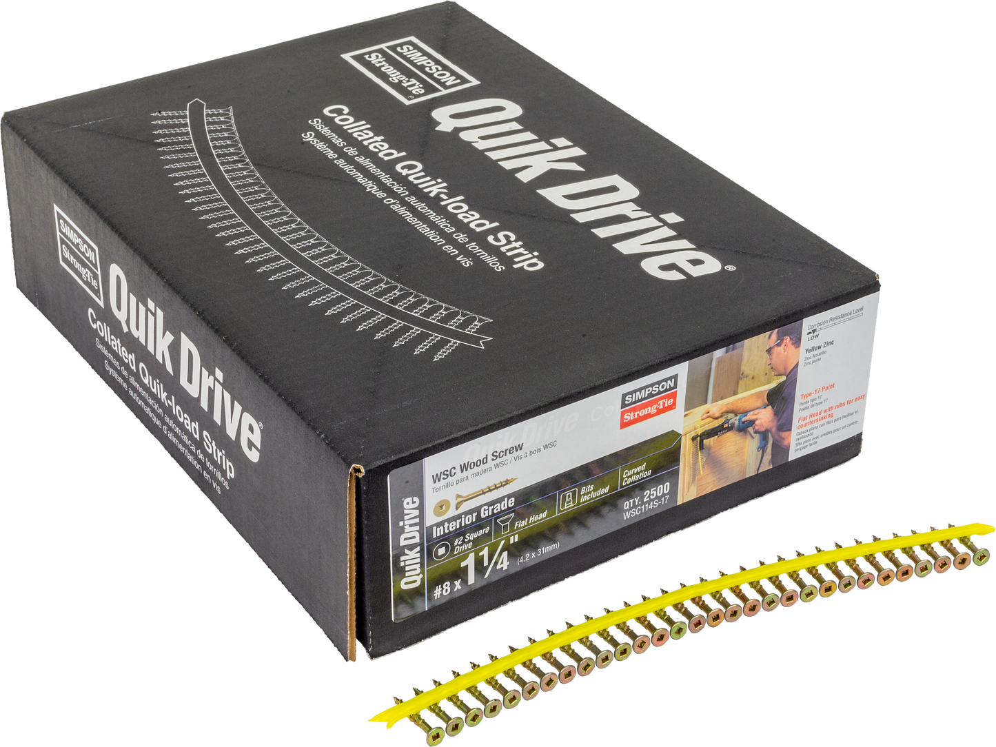 Simpson Strong-Tie WSC114S-17 WSC Wood Screw (Collated) — #8 x 1-1/4 in. #2 Square, Flat Head, Yellow Zinc (2500-Qty)