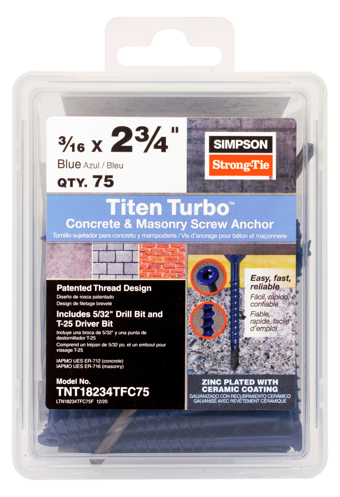 Simpson Strong-Tie TNT18234TFC75 Titen Turbo™ — 3/16 in. x 2-3/4 in. 6-Lobe Flat-Head Concrete and Masonry Screw, Blue (75-Qty)
