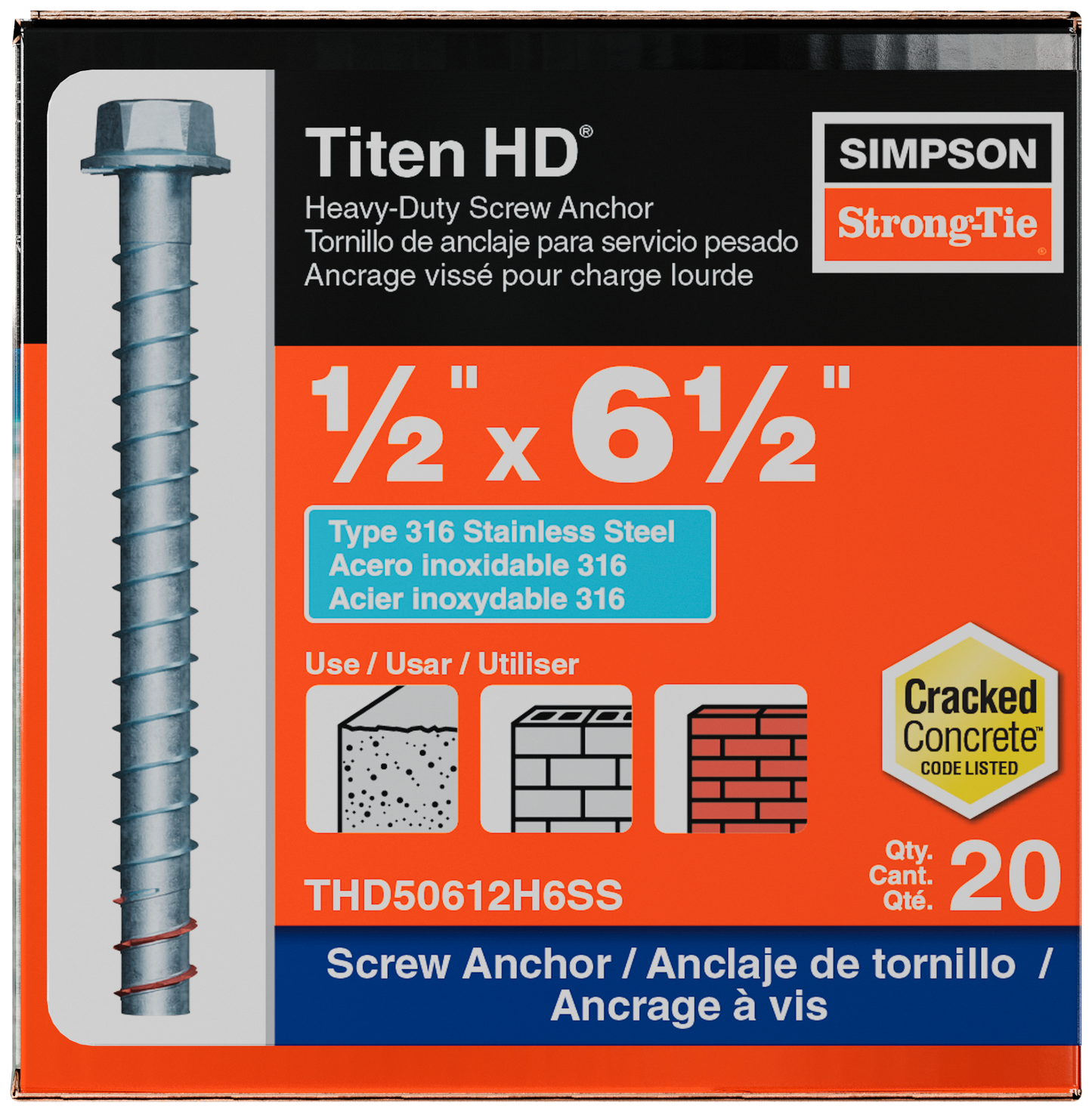 Simpson Strong-Tie THD50612H6SS Titen HD® 1/2 in. x 6-1/2 in. Type 316 Stainless Steel Heavy-Duty Screw Anchor (20-Qty)