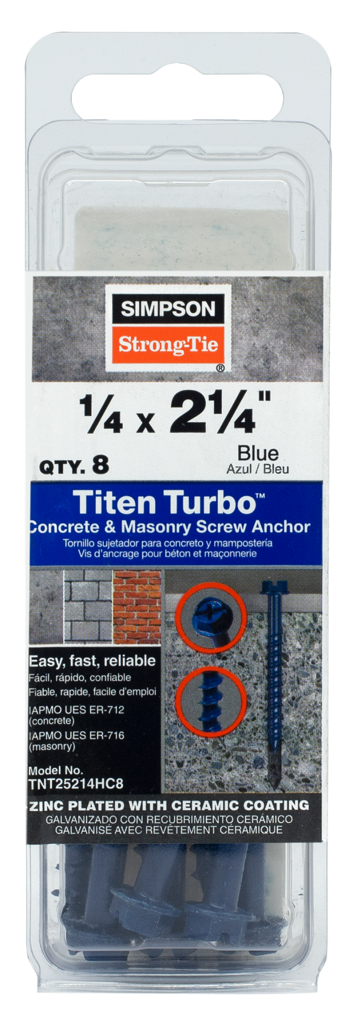 Simpson Strong-Tie TNT25214HC8 Titen Turbo™ — 1/4 in. x 2-1/4 in. Hex-Head Concrete and Masonry Screw, Blue (8-Qty) (Pack of 20)