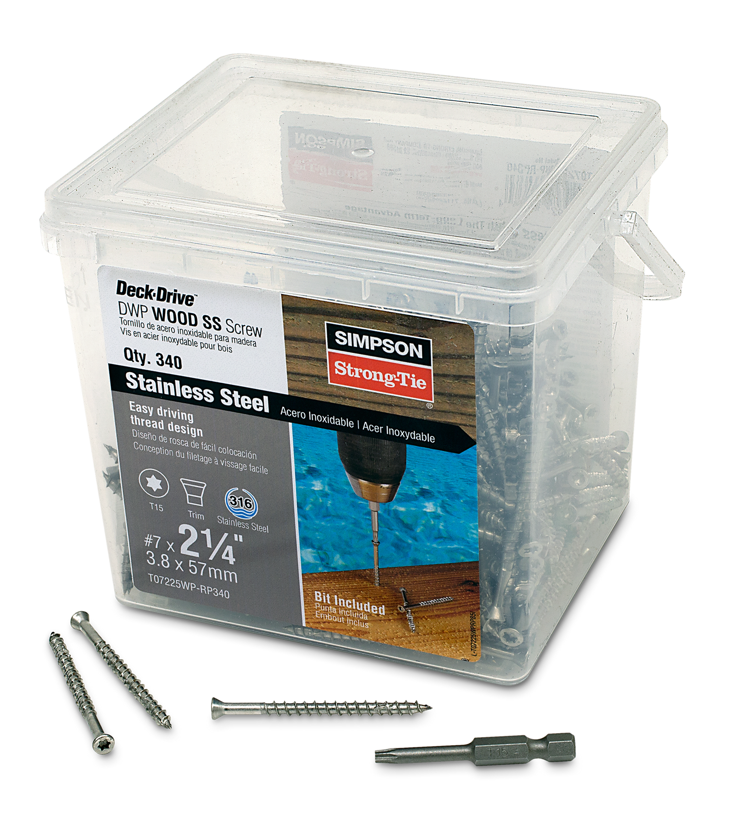 Simpson Strong-Tie T07225WP-RP340 Deck-Drive™ DWP WOOD SS Screw — #7 x 2-1/4 in. T-15, Trim Head, Type 316 (340-Qty) (Pack of 4)