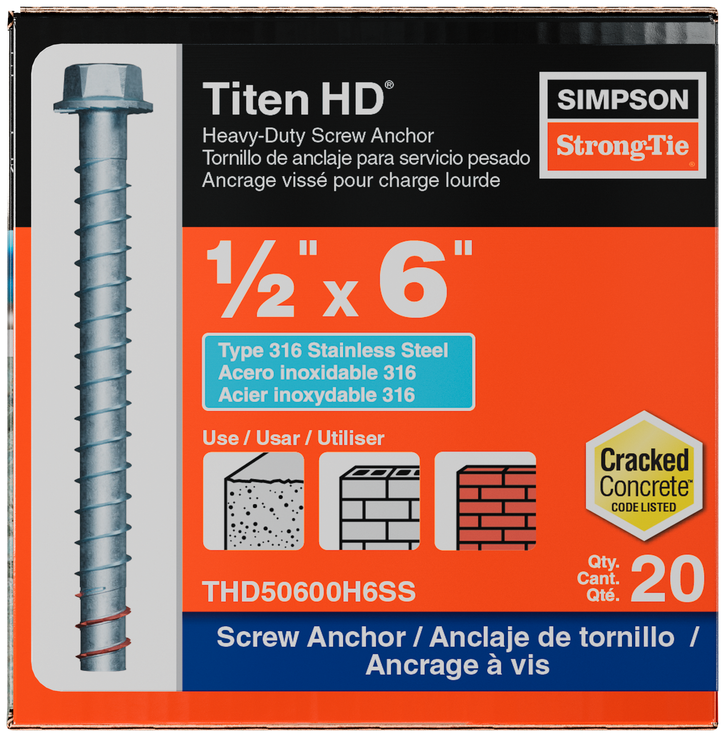 Simpson Strong-Tie THD50600H6SS Titen HD® 1/2 in. x 6 in. Type 316 Stainless-Steel Heavy-Duty Screw Anchor (20-Qty) (Pack of 240)