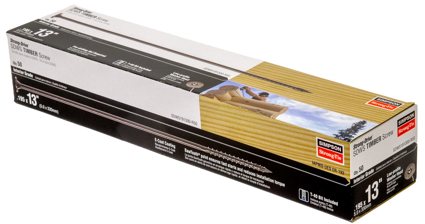 Simpson Strong-Tie SDWS191300-R50 Strong-Drive® SDWS™ TIMBER Screw (Interior) — 0.195 in. x 13 in. E-coat® (50-Qty)