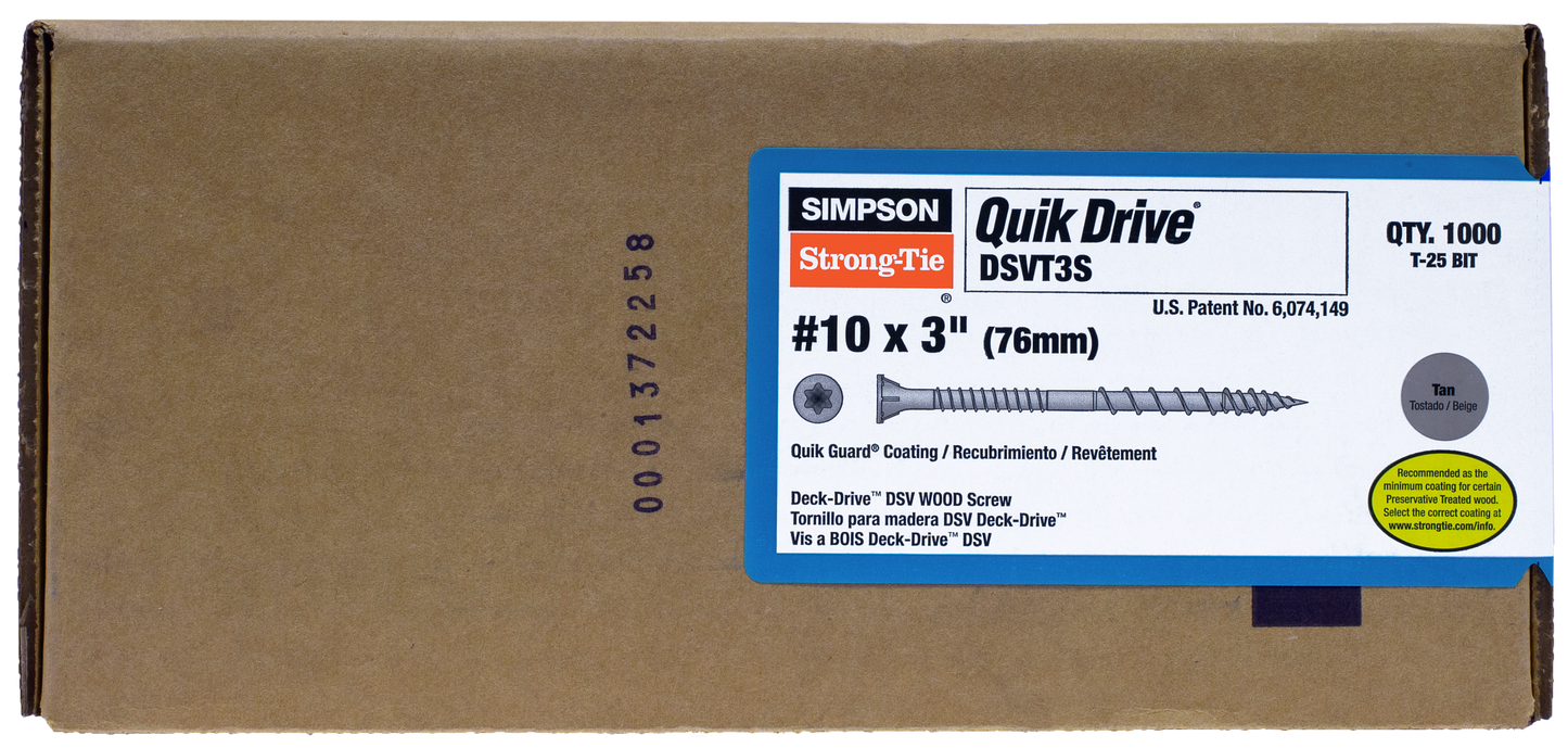Simpson Strong-Tie DSVT3S Deck-Drive™ DSV WOOD Screw (Collated) — #10 x 3 in. T25 6-Lobe, Tan (1000-Qty)