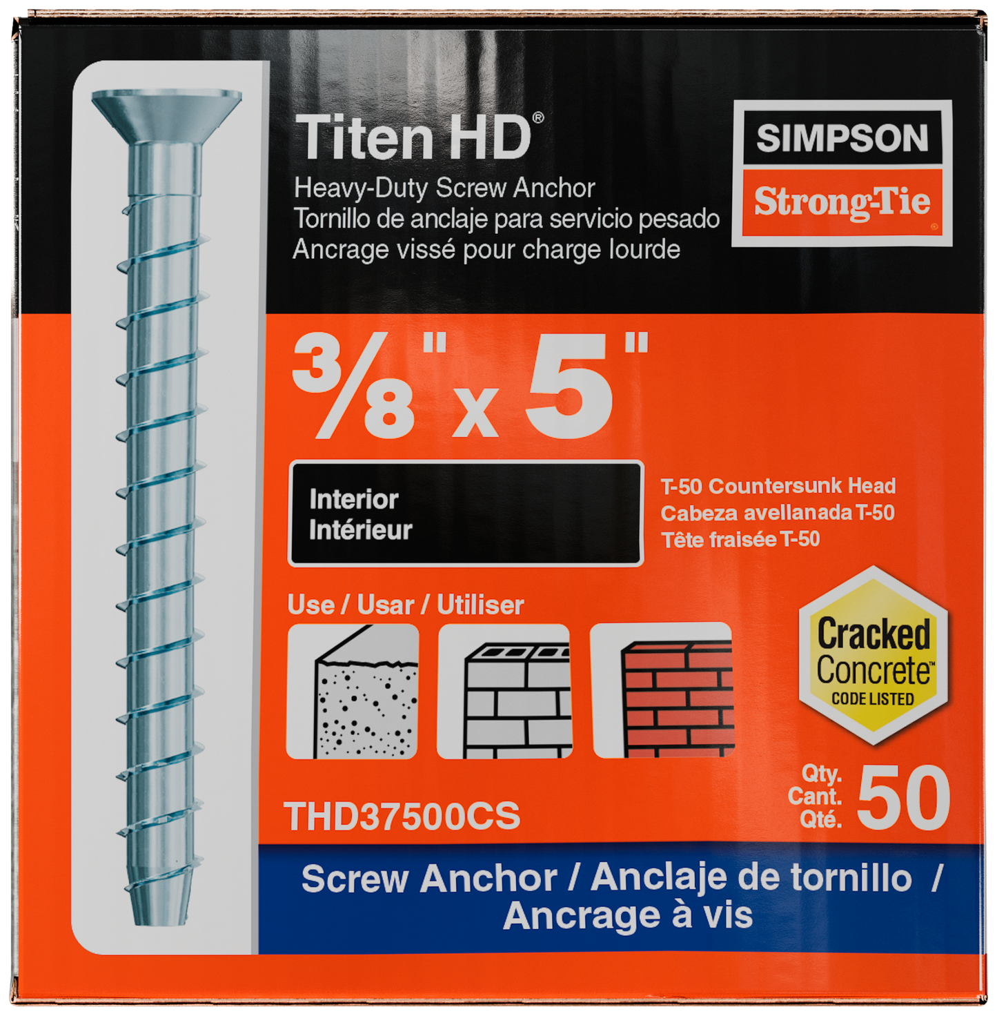 Simpson Strong-Tie THD37500CS Titen HD® 3/8 in. x 5 in. Zinc-Plated Countersunk Head Heavy-Duty Screw Anchor (50-Qty) (Pack of 2)