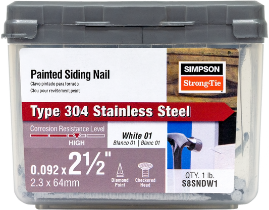 Simpson Strong-Tie S8SNDW1 Painted Siding Nail — 2-1/2 in. x .092 in. Type 304 Stainless Steel, White (1 lb.) (Pack of 800)