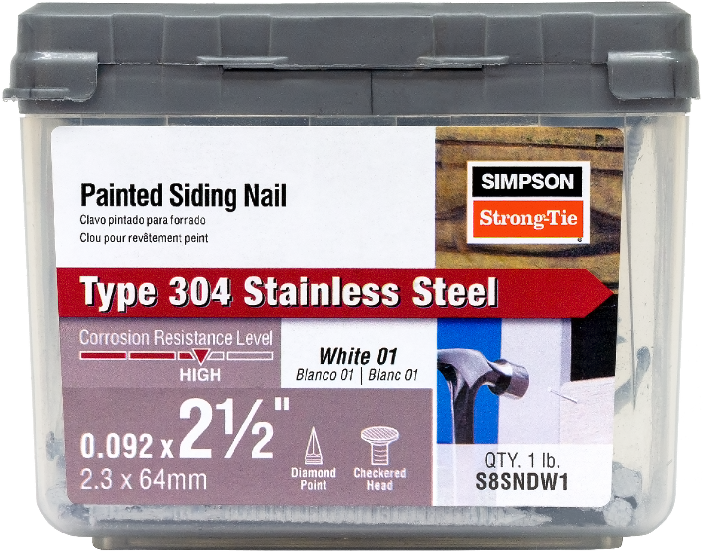 Simpson Strong-Tie S8SNDW1 Painted Siding Nail — 2-1/2 in. x .092 in. Type 304 Stainless Steel, White (1 lb.) (Pack of 10)