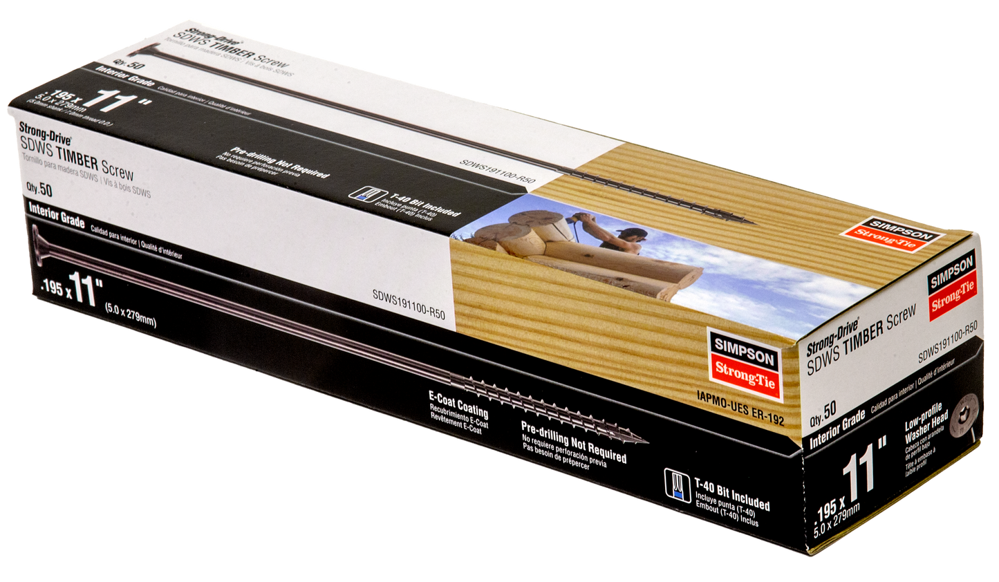 Simpson Strong-Tie SDWS191100-R50 Strong-Drive® SDWS™ TIMBER Screw (Interior) — 0.195 in. x 11 in. E-coat® (50-Qty)