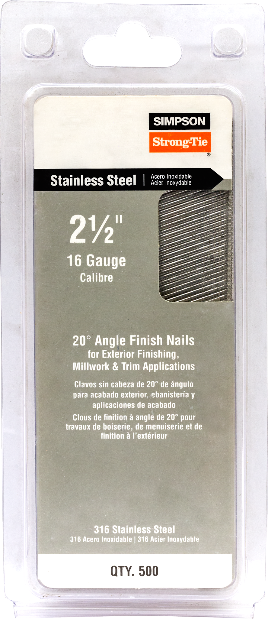 Simpson Strong-Tie T16N250PFB 20° Angle, Adhesive Collation, T-Style Head, 16-Gauge Finishing Nail — 2-1/2 in. Type 316 (500-Qty) (Pack of 40)