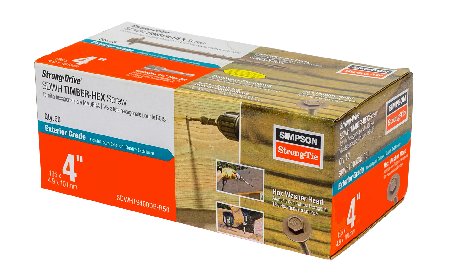 Simpson Strong-Tie SDWH19400DB-R50 Strong-Drive® SDWH™ TIMBER-HEX Screw — 0.195 in. x 4 in. 5/16 Hex, DB Coating (50-Qty) (Pack of 6)
