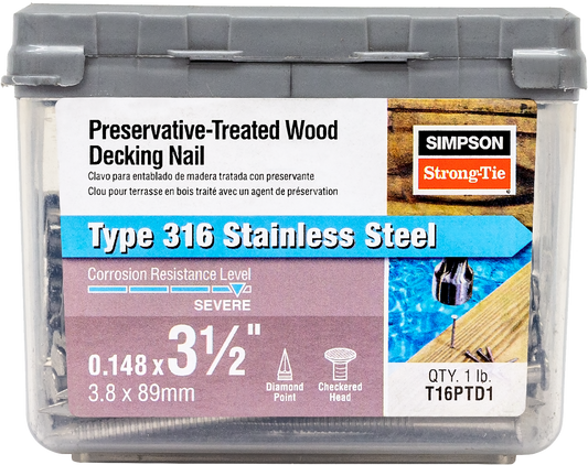 Simpson Strong-Tie T16PTD1 Preservative-Treated Wood Decking Nail, Ring Shank — 3-1/2 in. x .148 in. Type 316 (1 lb.) (Pack of 10)