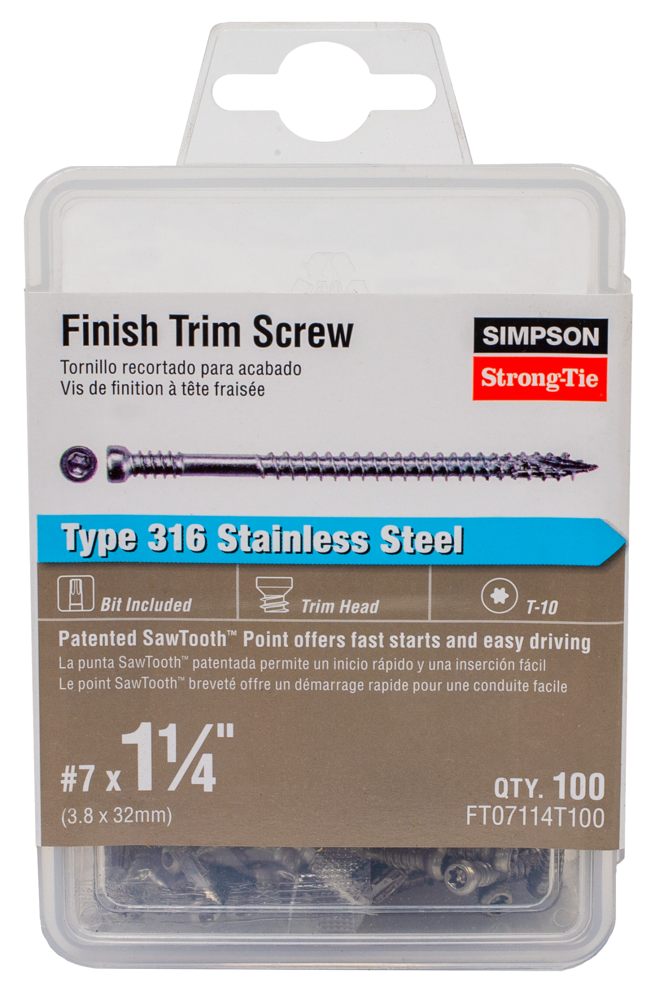 Simpson Strong-Tie FT07114T100 Finish Trim Screw — #7 x 1-1/4 in. T10, Trim-Head, Type 316 (100-Qty) (Pack of 5)