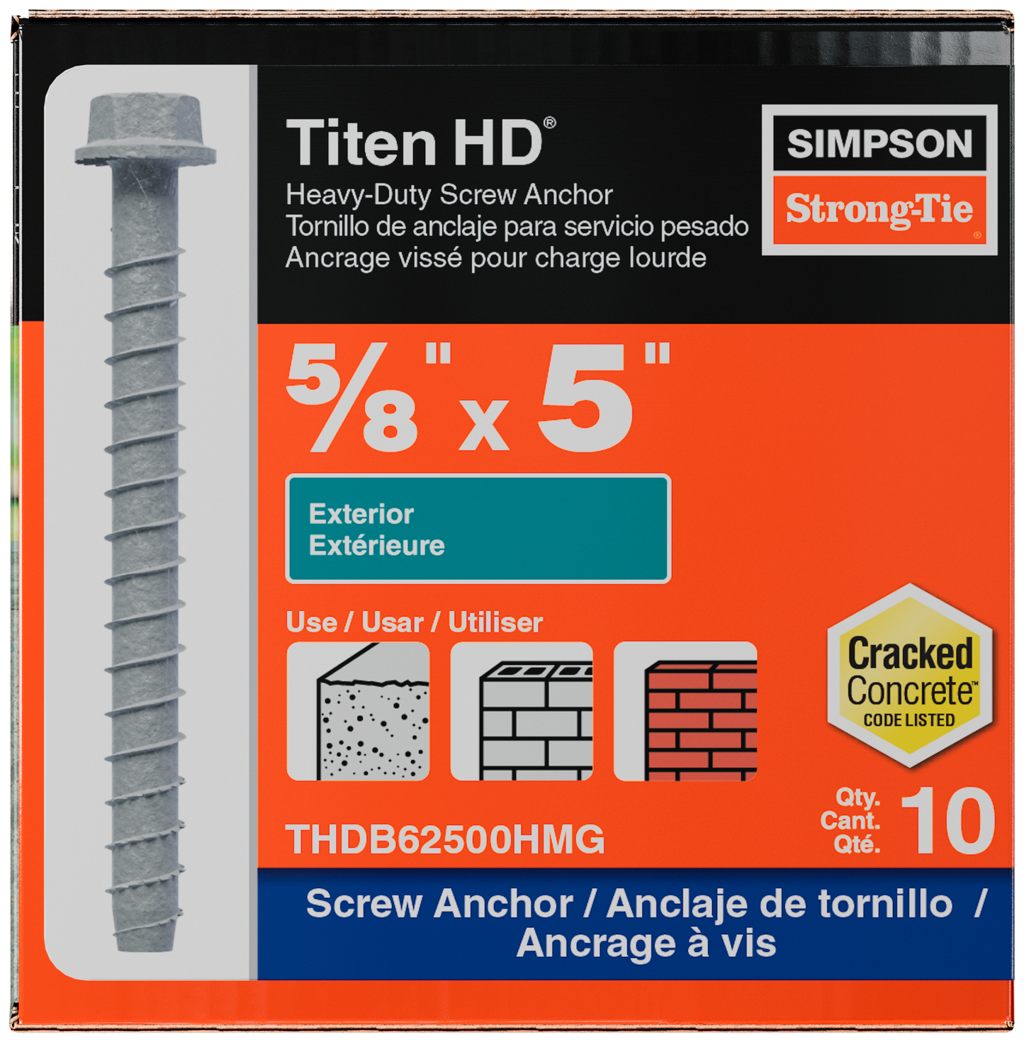 Simpson Strong-Tie THDB62500HMG Titen HD® 5/8 in. x 5 in. Mechanically Galvanized Heavy-Duty Screw Anchor (10-Qty) (Pack of 4)
