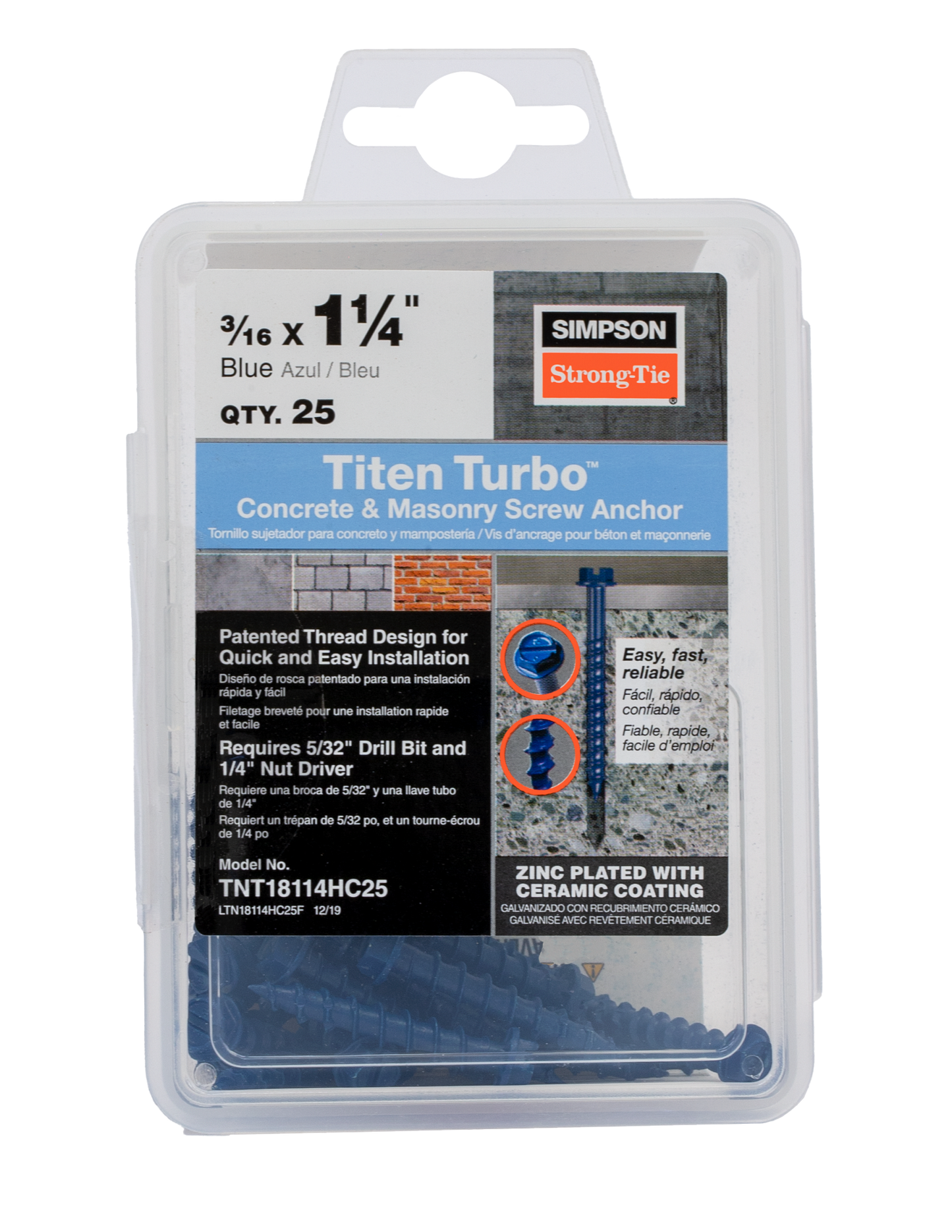 Simpson Strong-Tie TNT18114HC25 Titen Turbo™ — 3/16 in. x 1-1/4 in. Hex-Head Concrete and Masonry Screw, Blue (25-Qty) (Pack of 5)