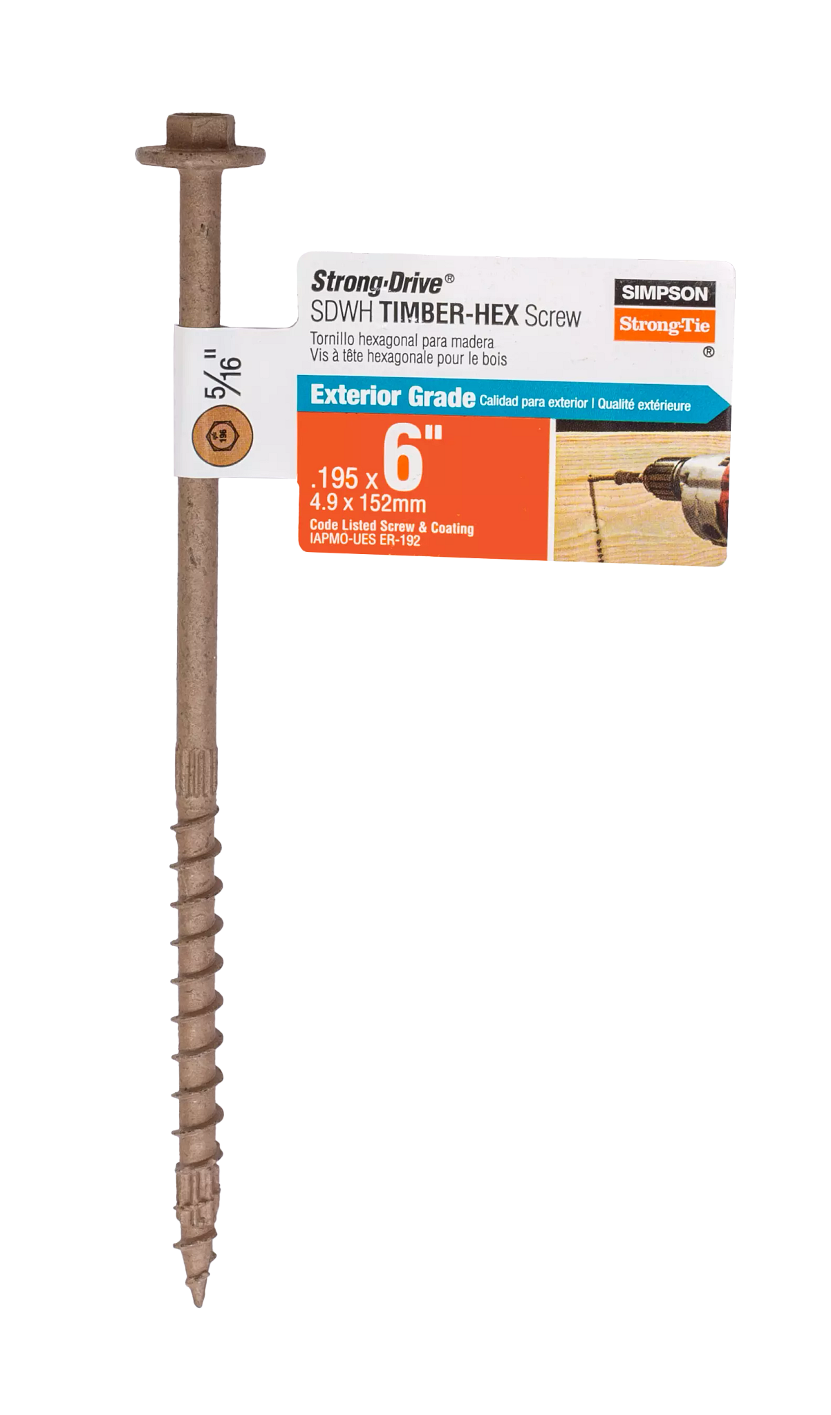 Simpson Strong-Tie SDWH19600DB-RP1 Strong-Drive® SDWH™ TIMBER-HEX Screw — 0.195 in. x 6 in. 5/16 Hex, DB Coating