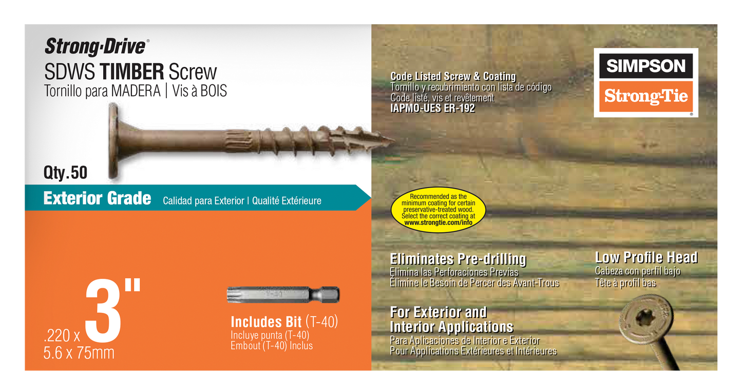 Simpson Strong-Tie SDWS22300DB-R50 Strong-Drive® SDWS™ TIMBER Screw (Exterior Grade) — 0.220 in. x 3 in. T40, Tan (50-Qty) (Pack of 360)
