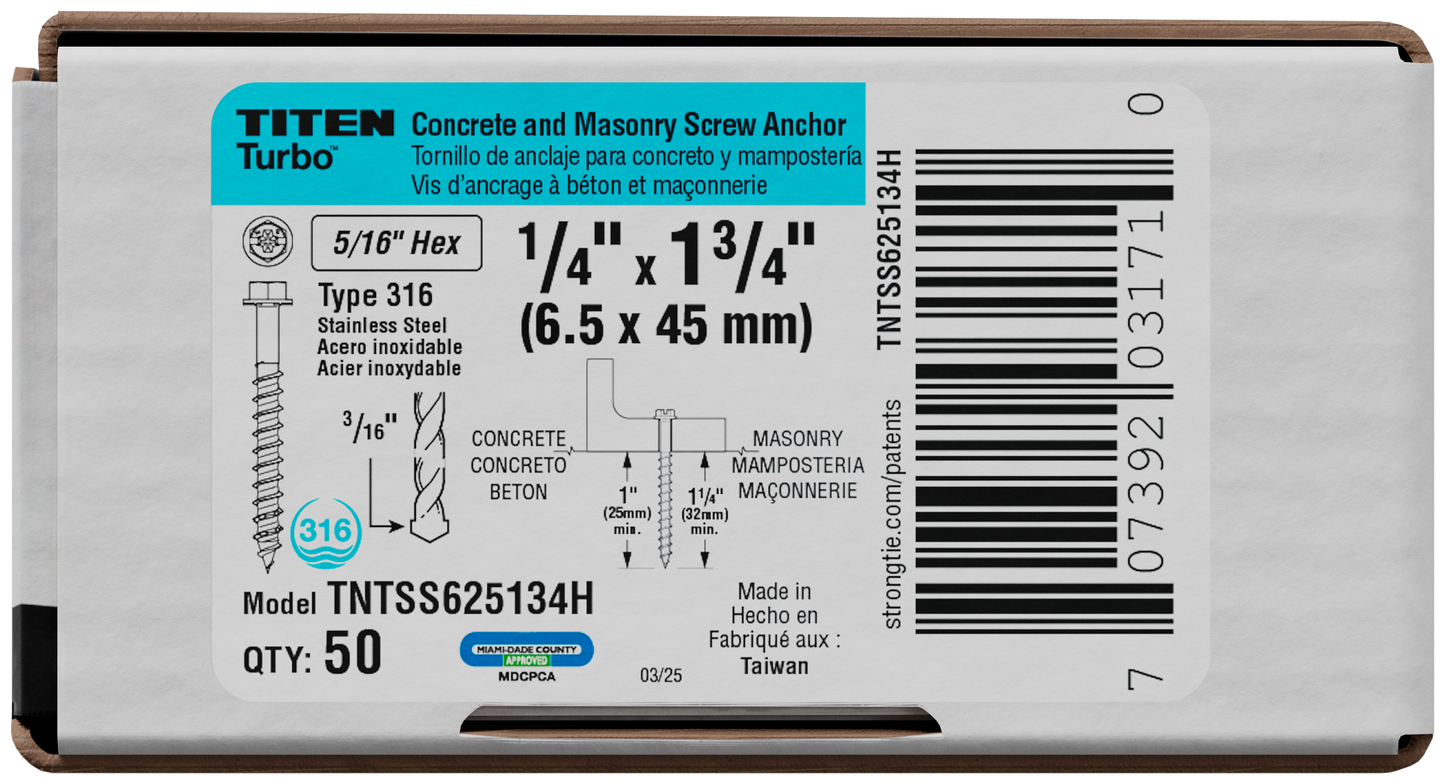 Simpson Strong-Tie TNTSS625134H Titen Turbo™ — 1/4 in. x 1-3/4 in. Type 316 Stainless-Steel Hex-Head Concrete and Masonry Screw (50-Qty) (Pack of 840)