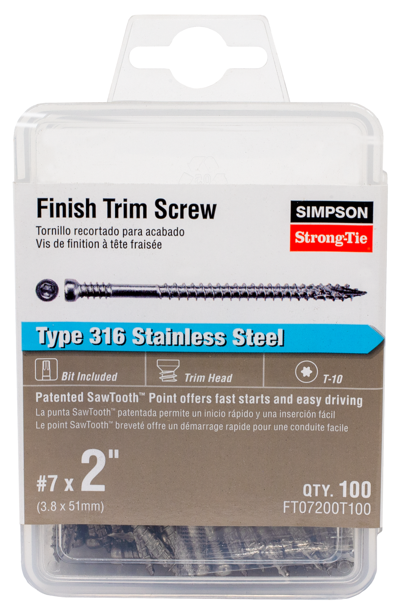 Simpson Strong-Tie FT07200T100 Finish Trim Screw — #7 x 2 in. T10, Trim-Head, Type 316 (100-Qty) (Pack of 5)