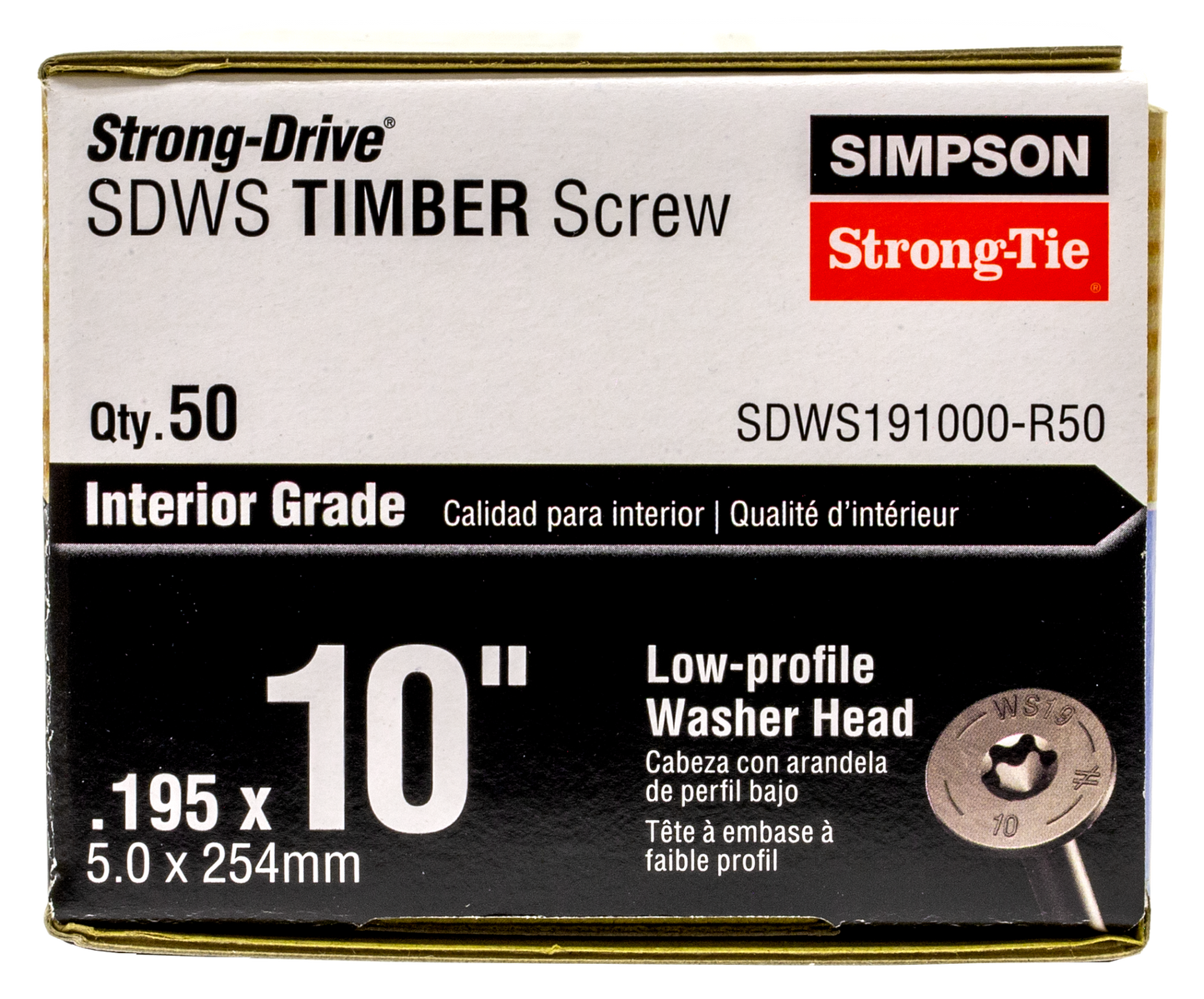 Simpson Strong-Tie SDWS191000-R50 Strong-Drive® SDWS™ TIMBER Screw (Interior) — 0.195 in. x 10 in. E-coat® (50-Qty) (Pack of 6)