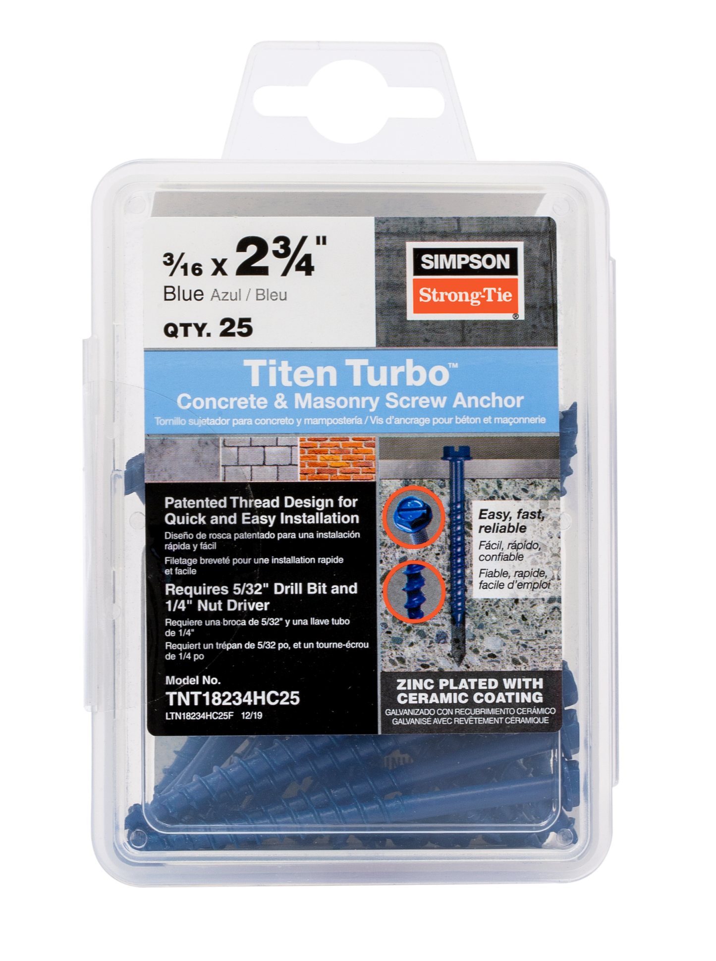 Simpson Strong-Tie TNT18234HC25 Titen Turbo™ — 3/16 in. x 2-3/4 in. Hex-Head Concrete and Masonry Screw, Blue (25-Qty)