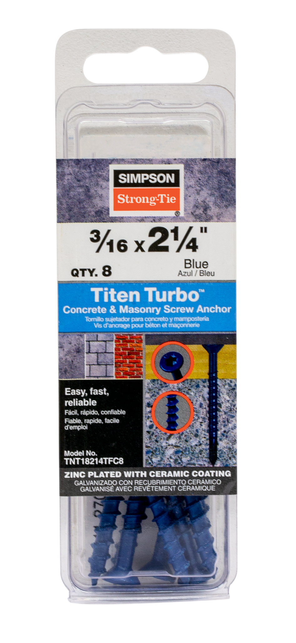 Simpson Strong-Tie TNT18214TFC8 Titen Turbo™ — 3/16 in. x 2-1/4 in. 6-Lobe Flat-Head Concrete and Masonry Screw, Blue (8-Qty) (Pack of 20)