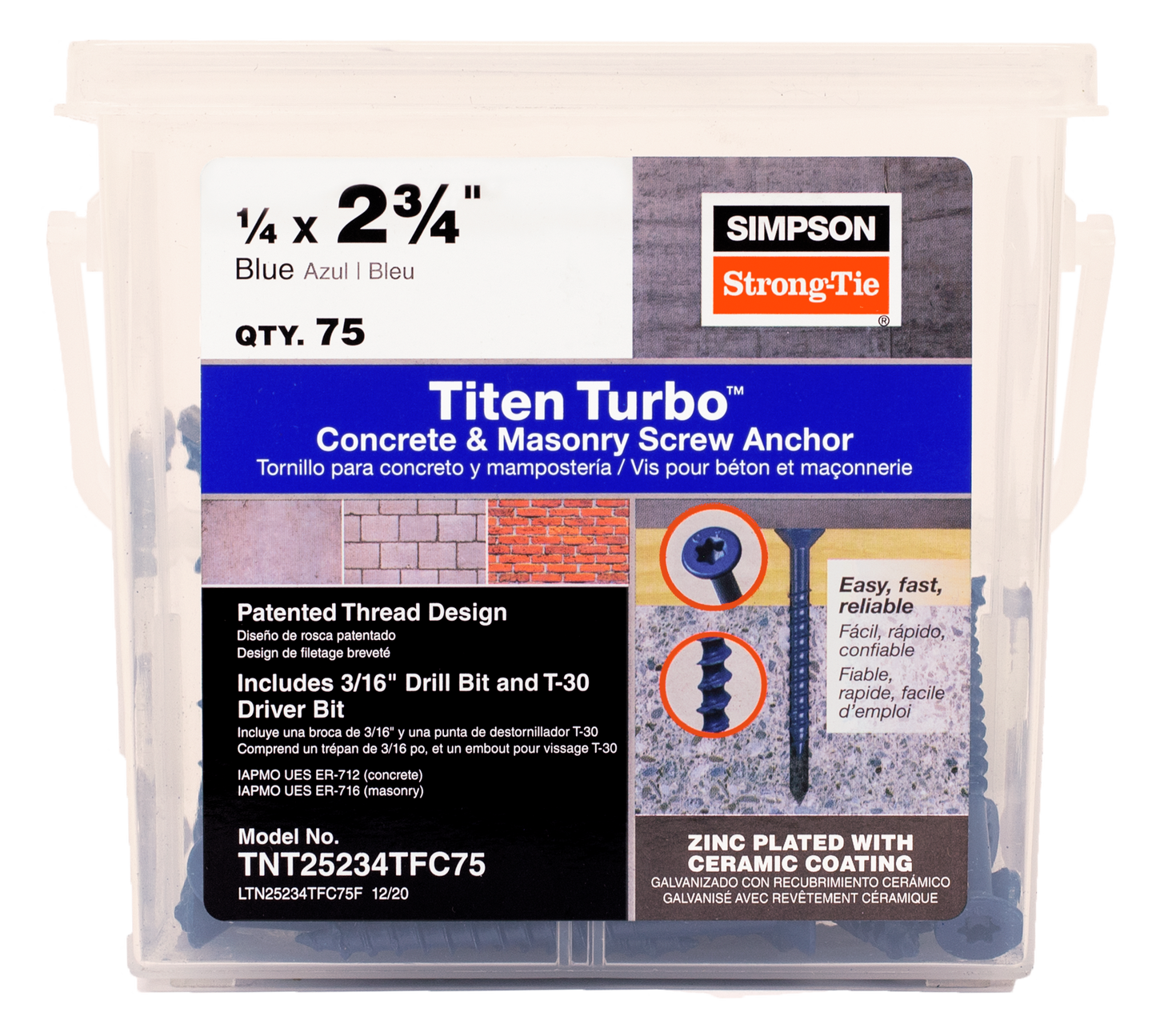 Simpson Strong-Tie TNT25234TFC75 Titen Turbo™ — 1/4 in. x 2-3/4 in. 6-Lobe Flat-Head Concrete and Masonry Screw, Blue (75-Qty) (Pack of 4)