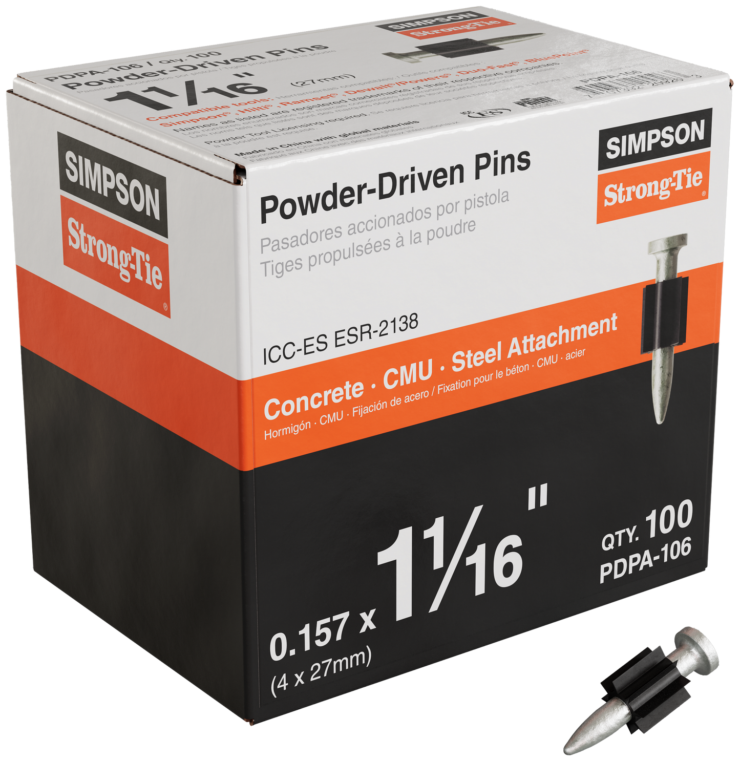 Simpson Strong-Tie PDPA-106 PDPA .157 in. x 1-1/16 in. Powder-Actuated Pin (100-Qty) (Pack of 10)