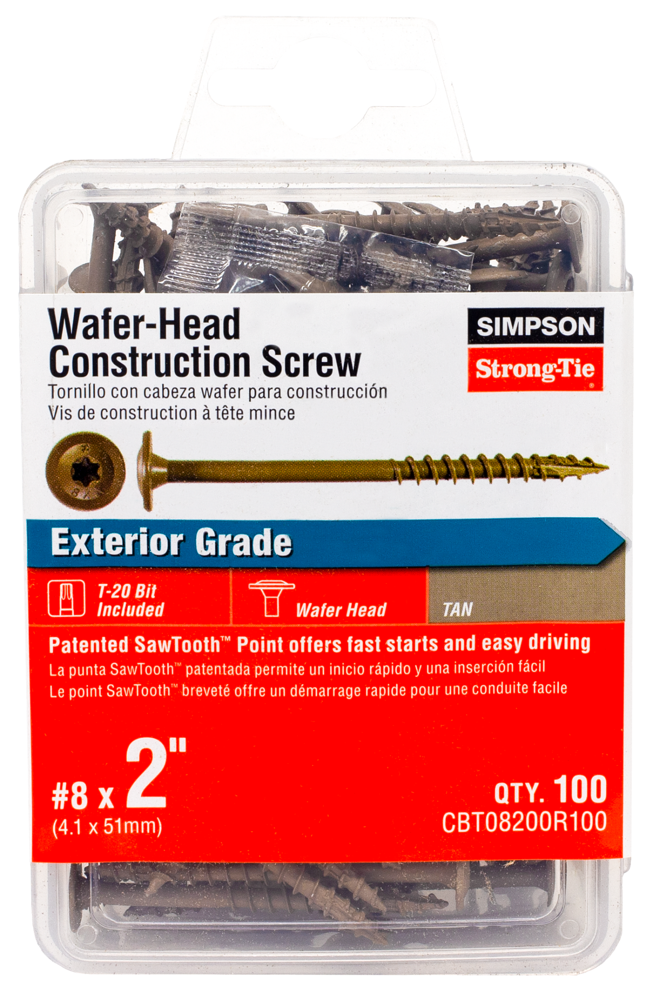Simpson Strong-Tie CBT08200R100 Wafer-Head Construction Screw — #8 x 2 in. T20, Quik Guard®, Tan (100-Qty) (Pack of 1440)