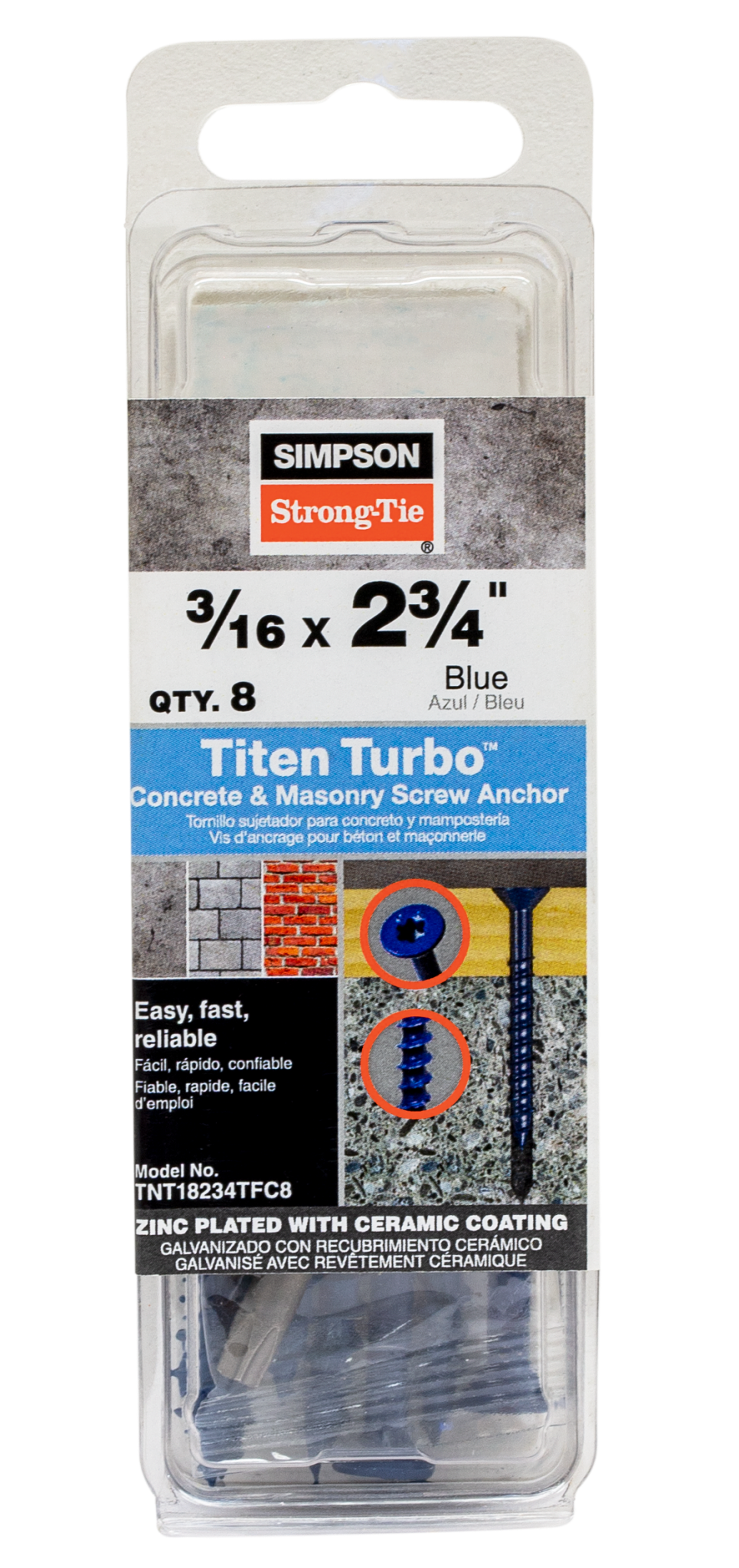 Simpson Strong-Tie TNT18234TFC8 Titen Turbo™ — 3/16 in. x 2-3/4 in. 6-Lobe Flat-Head Concrete and Masonry Screw, Blue (8-Qty)