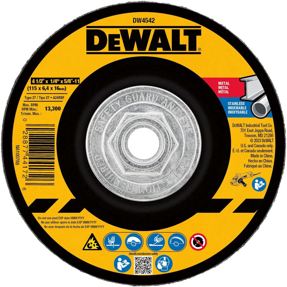 DEWALT DW4542 4" x 1/4" x 5/8" Metal &amp; Stainless Grinding Wheel