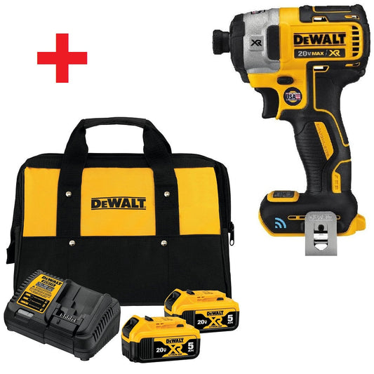 DEWALT DCF888B 20V MAX* XR Brushless Tool Connect Impact Driver + DEWALT DCB205-2CK 20V MAX* 5.0Ah Starter Kit With 2 Batteries