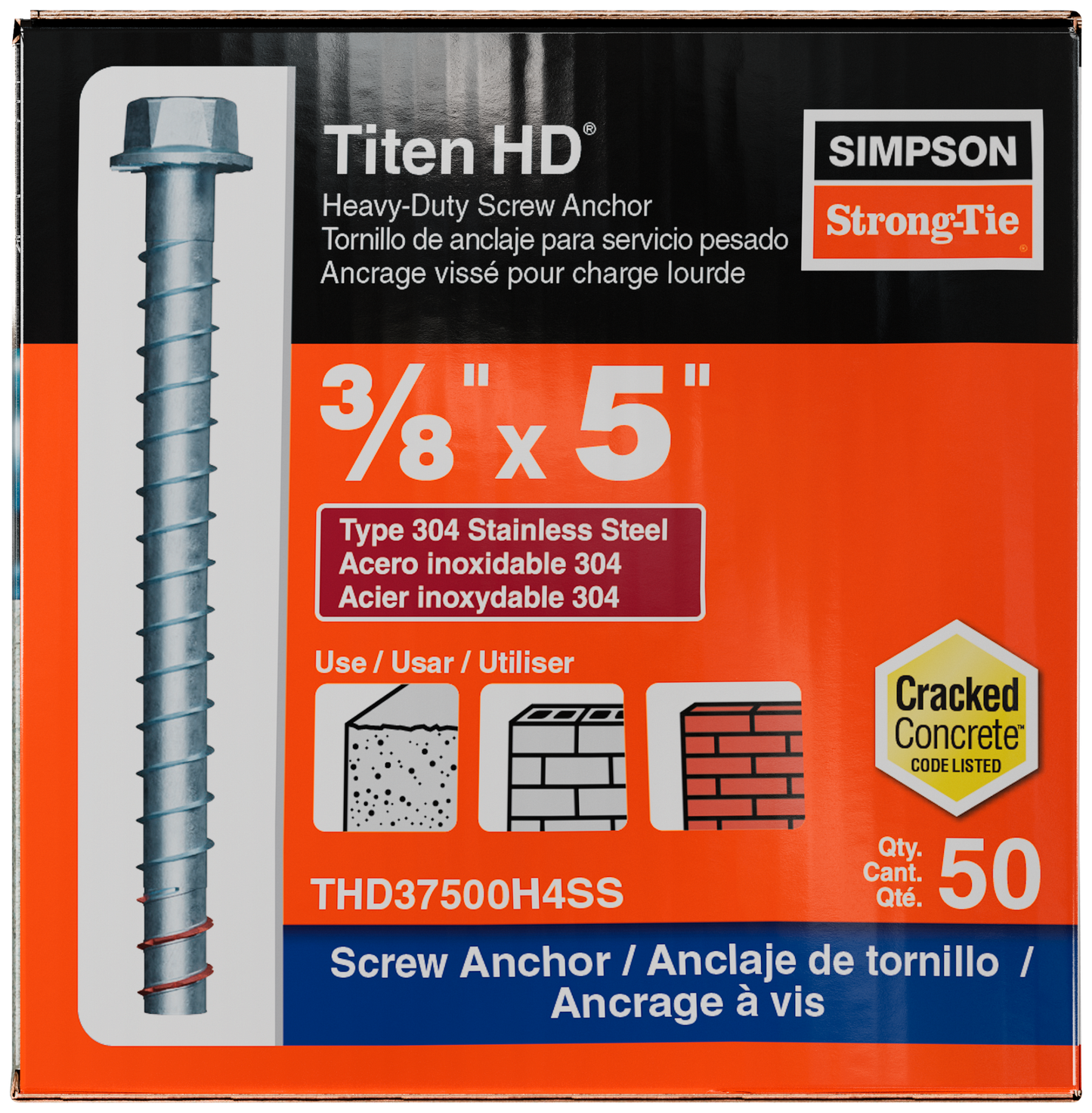 Simpson Strong-Tie THD37500H4SS Titen HD® 3/8 in. x 5 in. Type 304 Stainless Steel Heavy-Duty Screw Anchor (50-Qty)