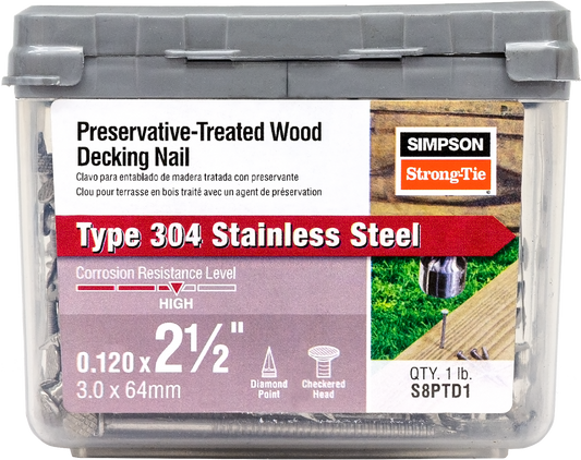 Simpson Strong-Tie S8PTD1 Preservative-Treated Wood Decking Nail, Ring Shank — 2-1/2 in. x .120 in. Type 304 (1 lb.) (Pack of 800)