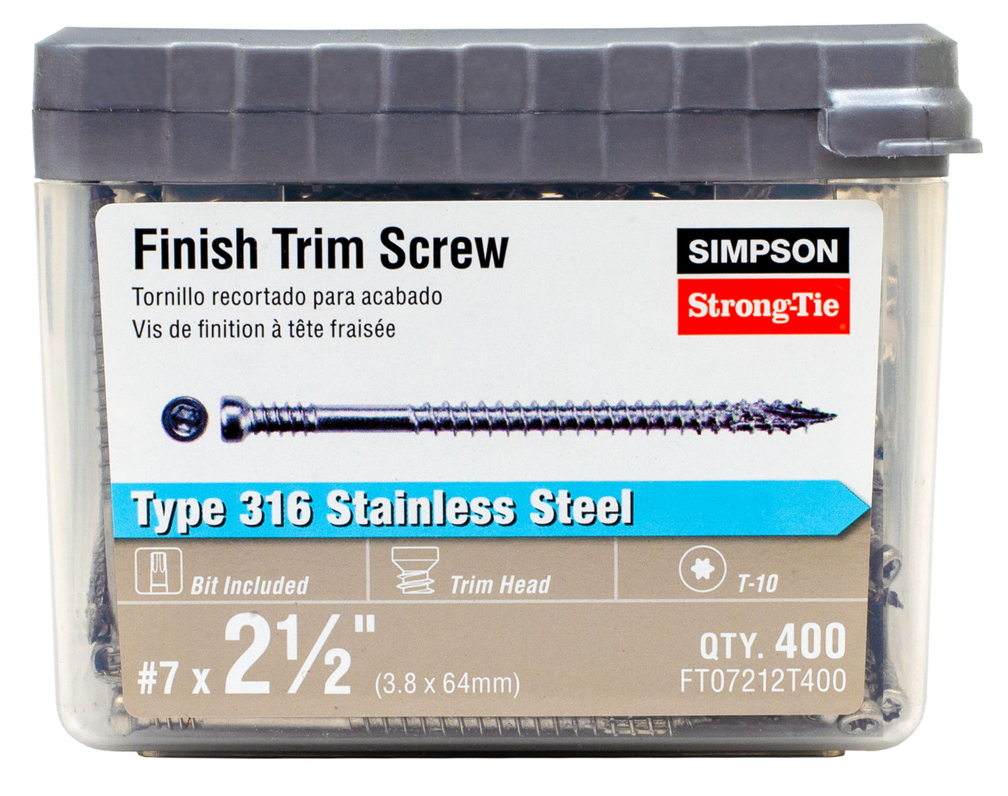 Simpson Strong-Tie FT07212T400 Finish Trim Screw — #7 x 2-1/2 in. T10, Trim-Head, Type 316 (400-Qty) (Pack of 6)