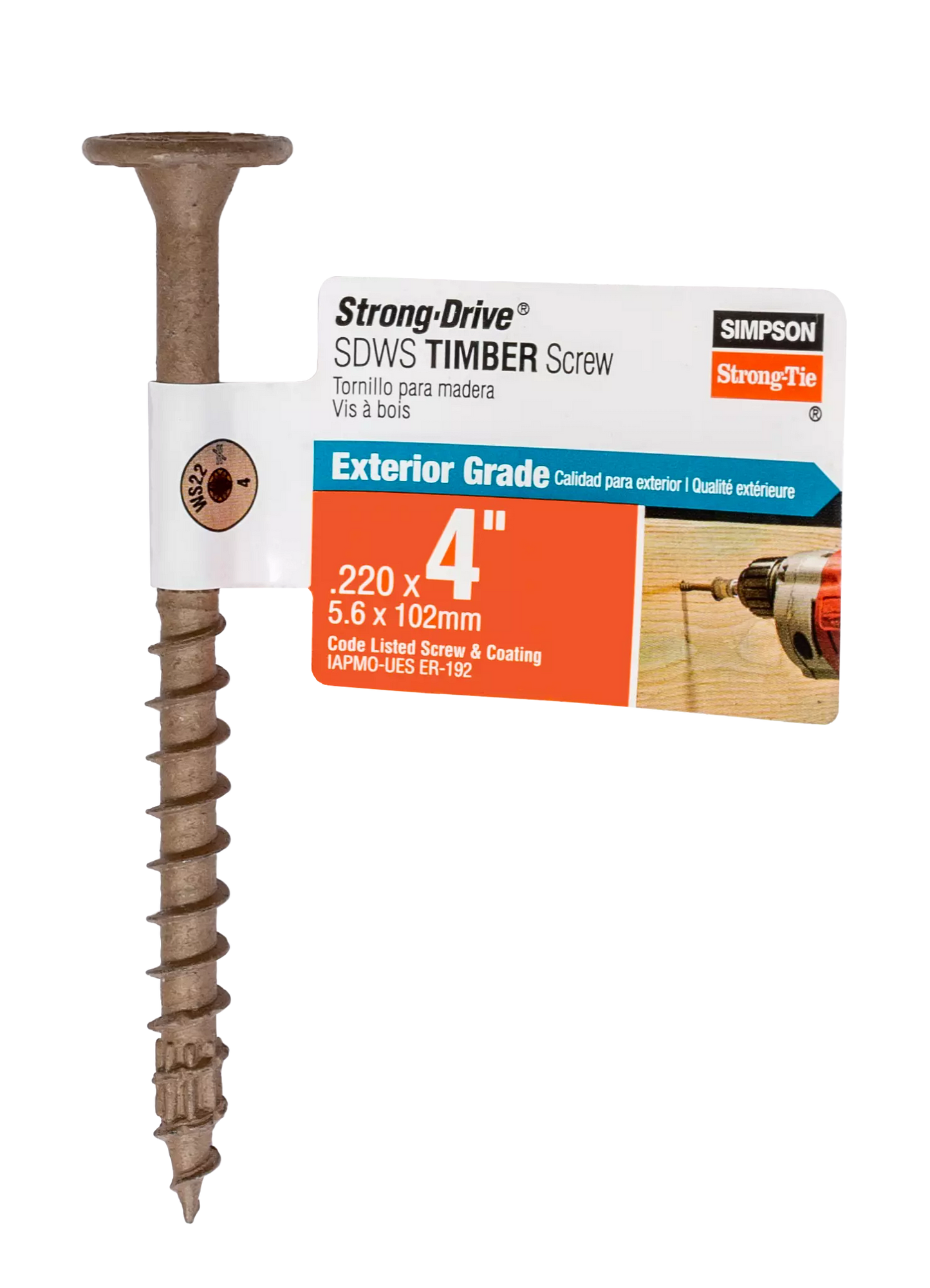 Simpson Strong-Tie SDWS22400DB-RP1 Strong-Drive® SDWS™ TIMBER Screw (Exterior Grade) — 0.220 in. x 4 in. T40, Tan