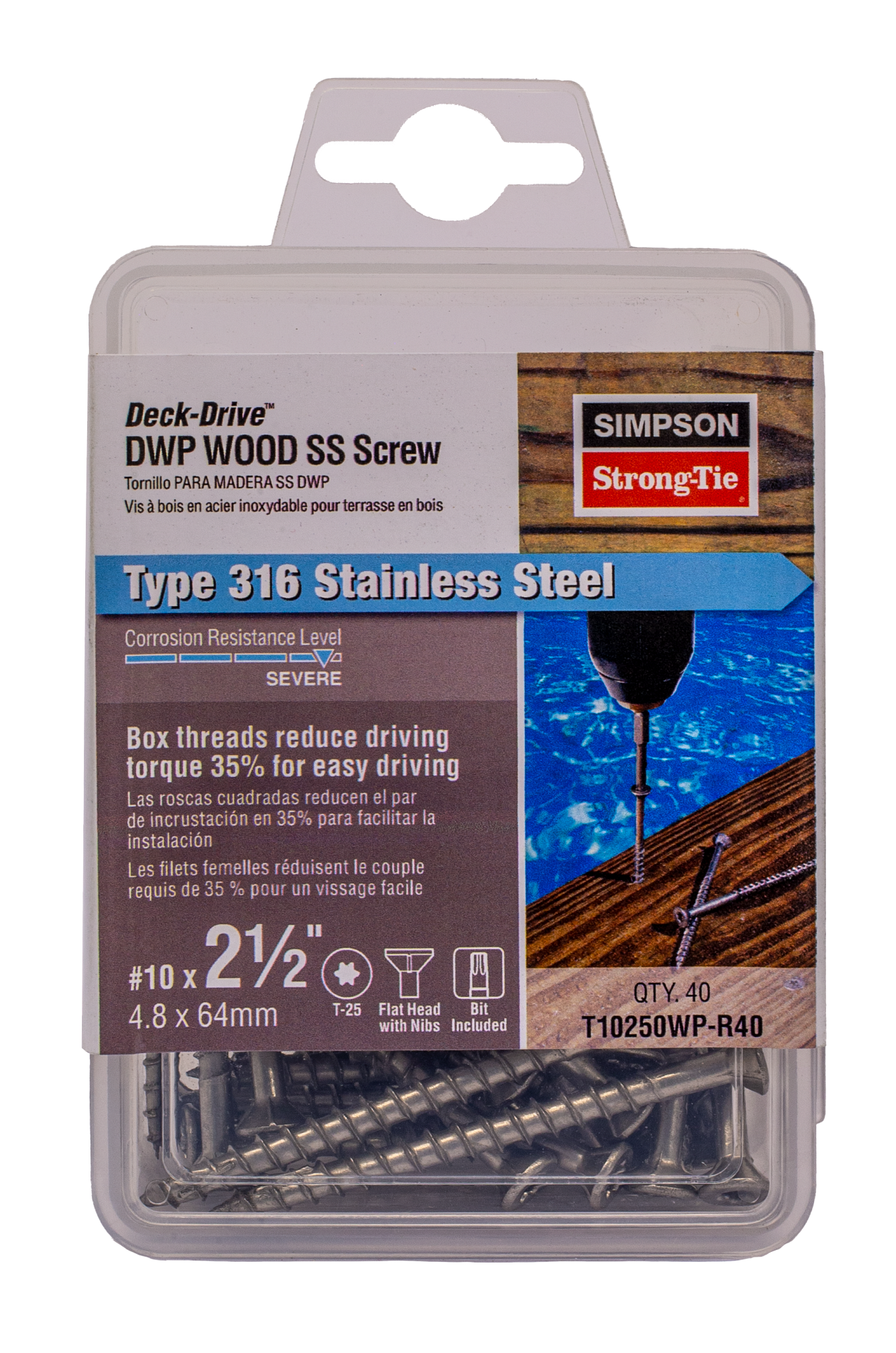 Simpson Strong-Tie T10250WP-R40 Deck-Drive™ DWP WOOD SS Screw — #10 x 2-1/2 in. T25, Flat Head, Type 316 (40-Qty)