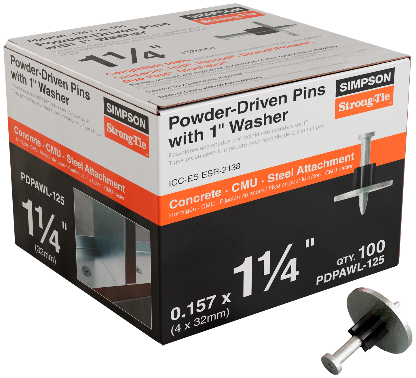 Simpson Strong-Tie PDPAWL-125 PDPAWL .157-in. x 1-1/4-in. Powder-Actuated Pin w/ 1-in. Washer (100-Qty) (Pack of 10)