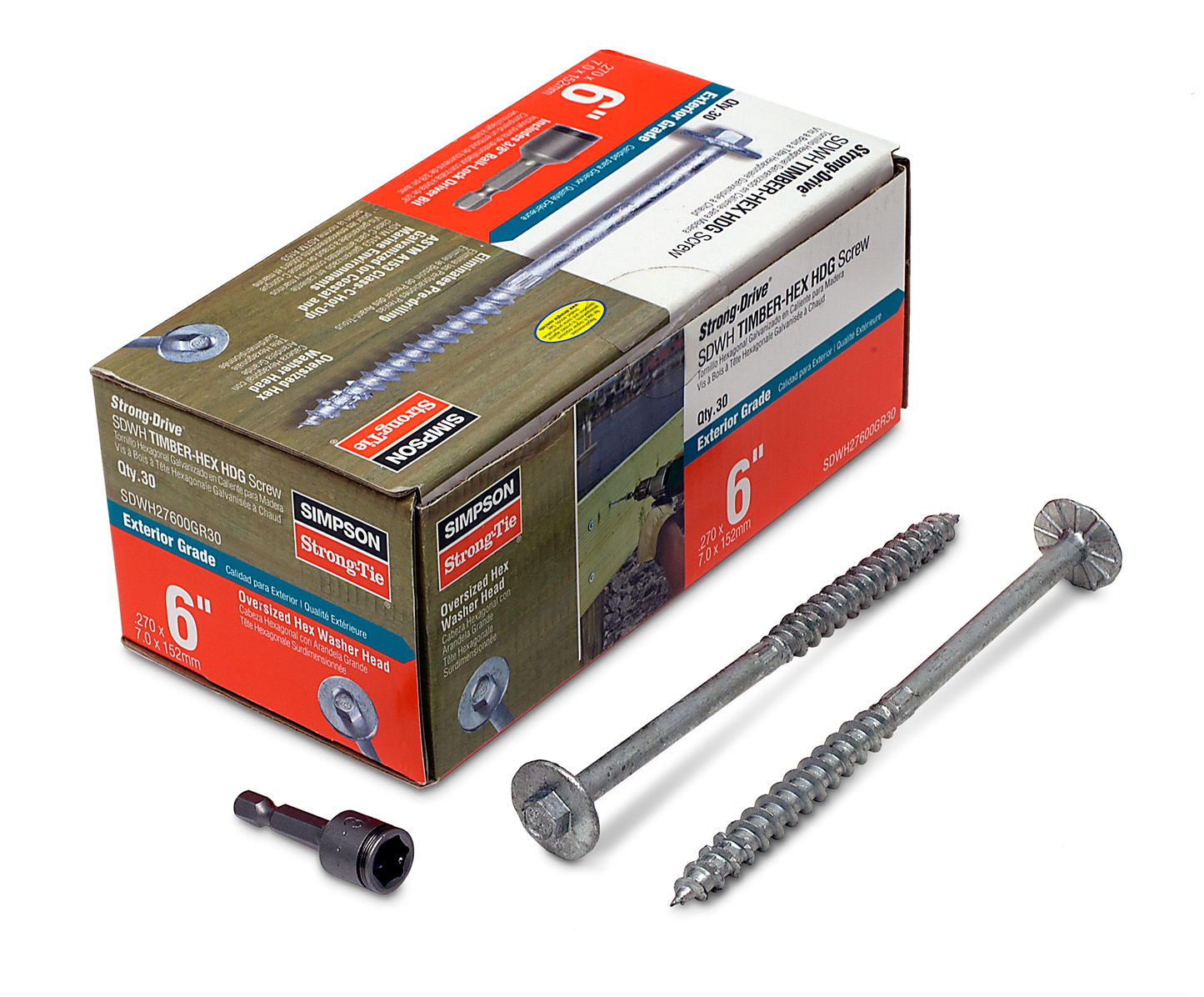 Simpson Strong-Tie SDWH27600GR30 Strong-Drive® SDWH™ TIMBER-HEX HDG Screw — 0.276 in. x 6 in. 3/8 Hex (30-Qty) (Pack of 6)