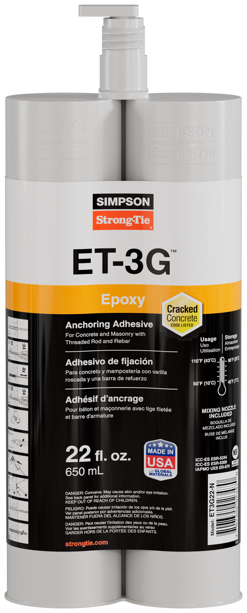 Simpson Strong-Tie ET3G22-N ET-3G™ 22 oz. Epoxy Adhesive Cartridge w/ Nozzle and Extension (Pack of 8)