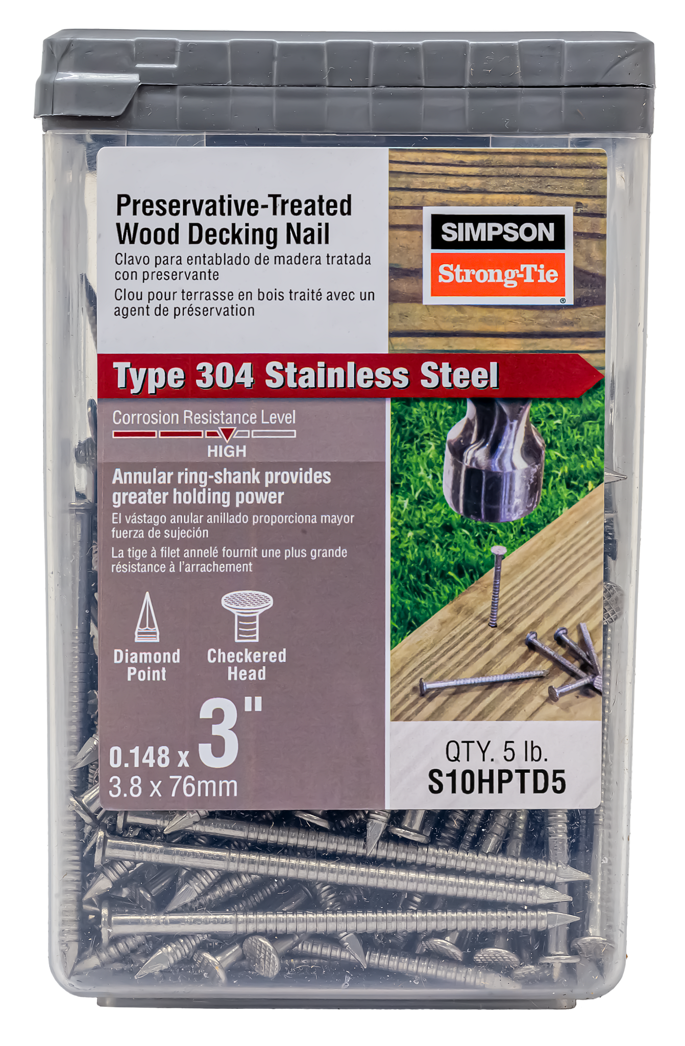 Simpson Strong-Tie S10HPTD5 Preservative-Treated Wood Decking Nail, Ring Shank — 3 in. x .148 in. Type 304 (5 lb.) (Pack of 6)