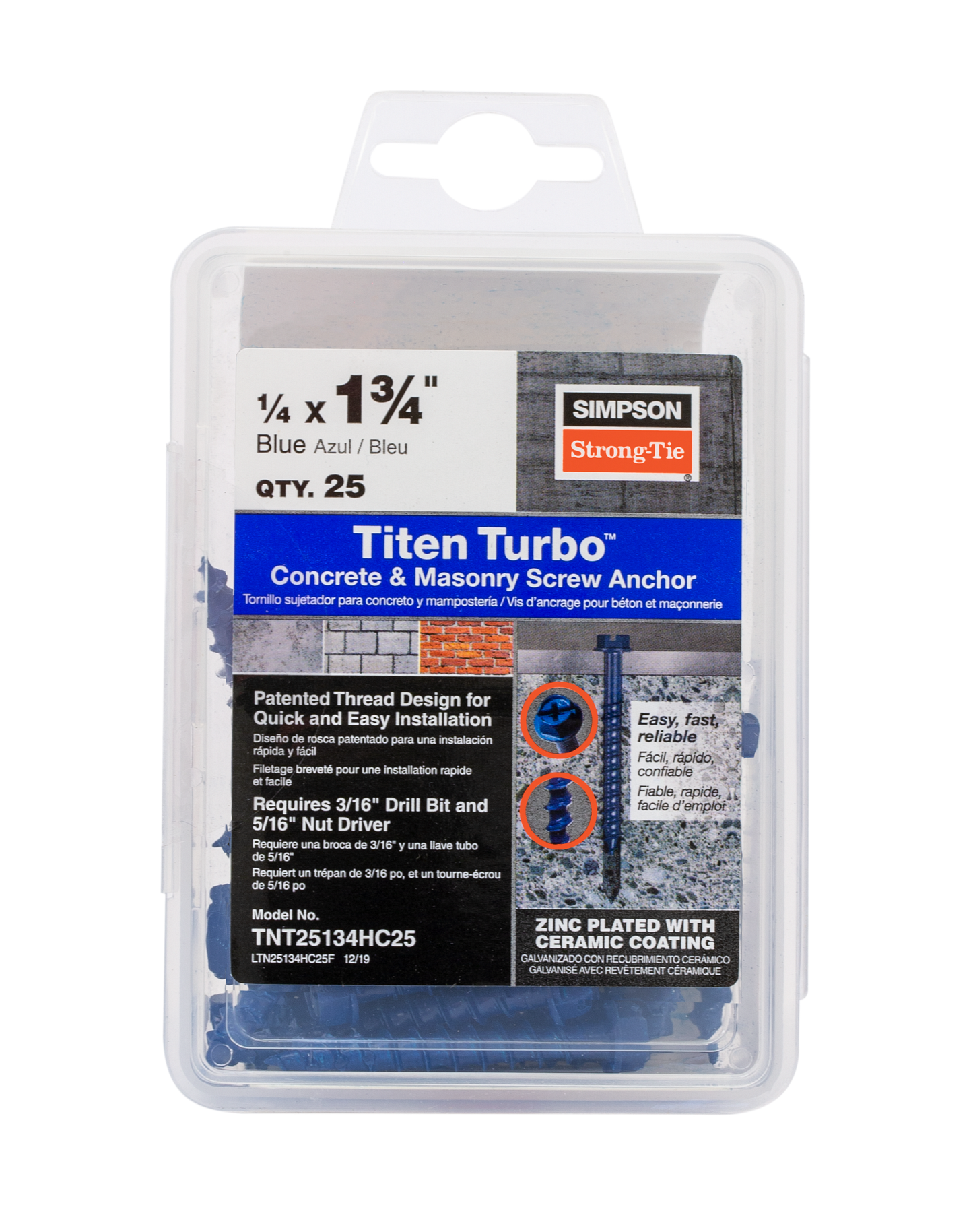 Simpson Strong-Tie TNT25134HC25 Titen Turbo™ — 1/4 in. x 1-3/4 in. Hex-Head Concrete and Masonry Screw, Blue (25-Qty) (Pack of 1440)