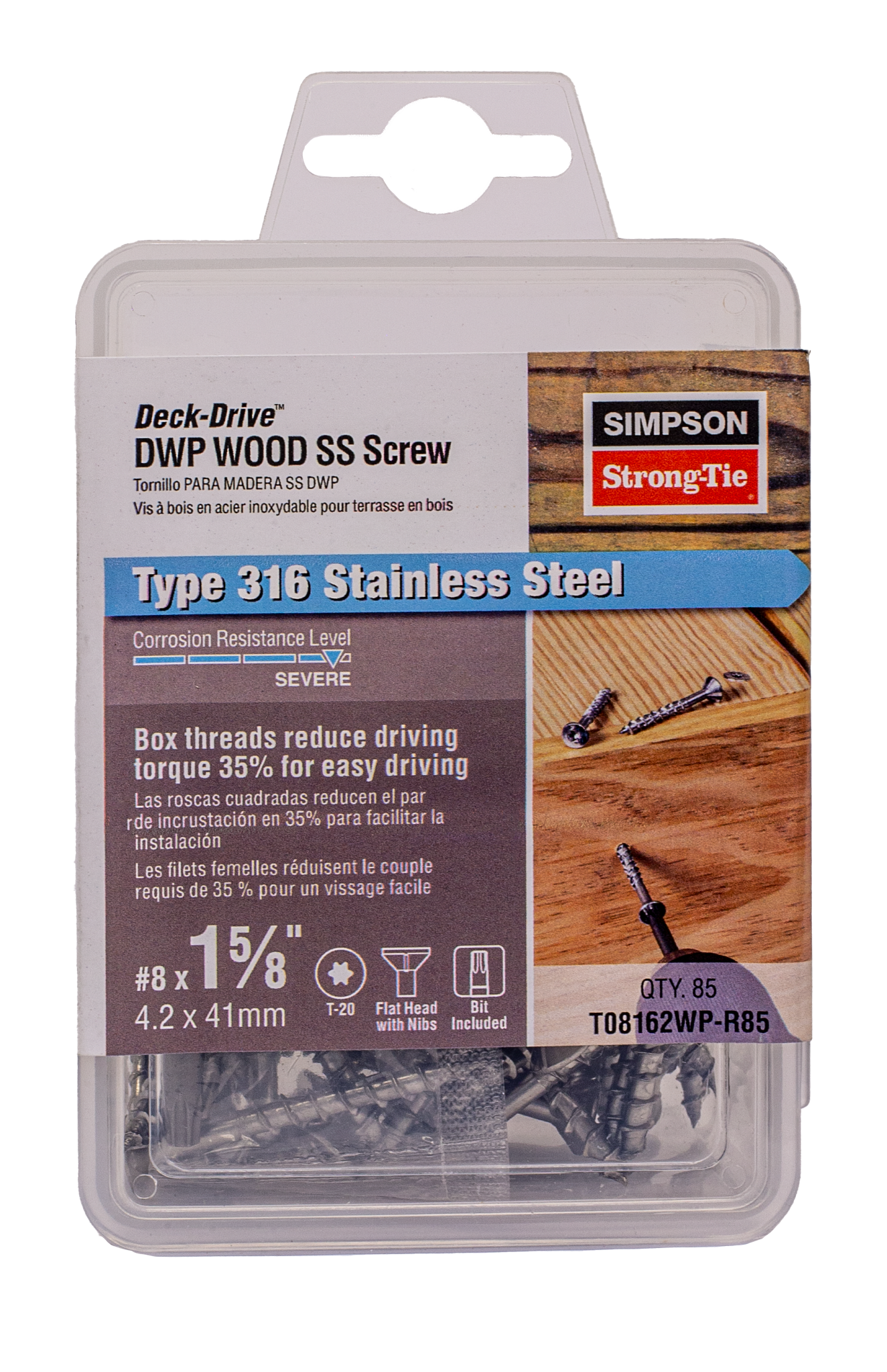 Simpson Strong-Tie T08162WP-R85 Deck-Drive™ DWP WOOD SS Screw — #8 x 1-5/8 in. T20, Flat Head, Type 316 (85-Qty) (Pack of 5)