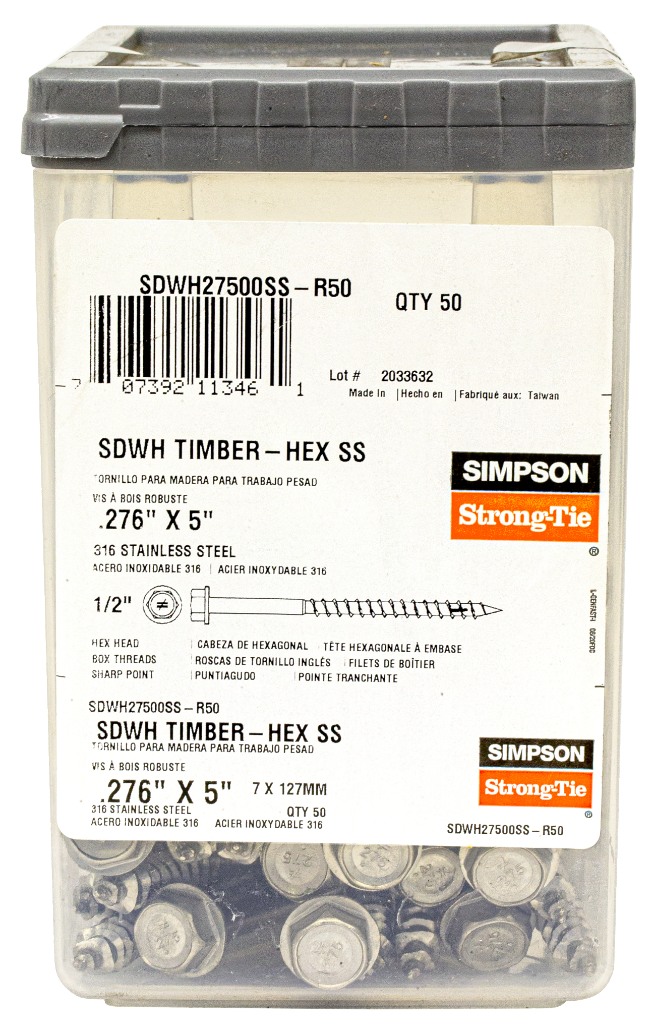Simpson Strong-Tie SDWH27500SS-R50 Strong-Drive® SDWH™ TIMBER-HEX SS Screw — 0.275 in. x 5 in. 1/2 Hex, Type 316 (50-Qty) (Pack of 6)