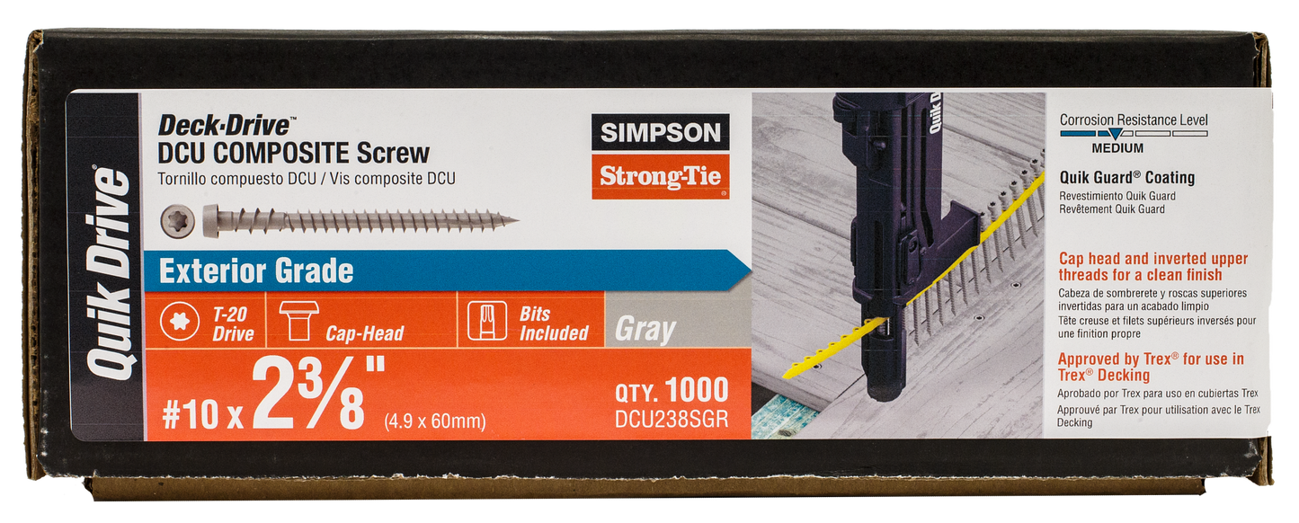 Simpson Strong-Tie DCU238SGR Deck-Drive™ DCU COMPOSITE Screw (Collated) — #10 x 2-3/8 in. Quik Guard® Gray (1000-Qty)